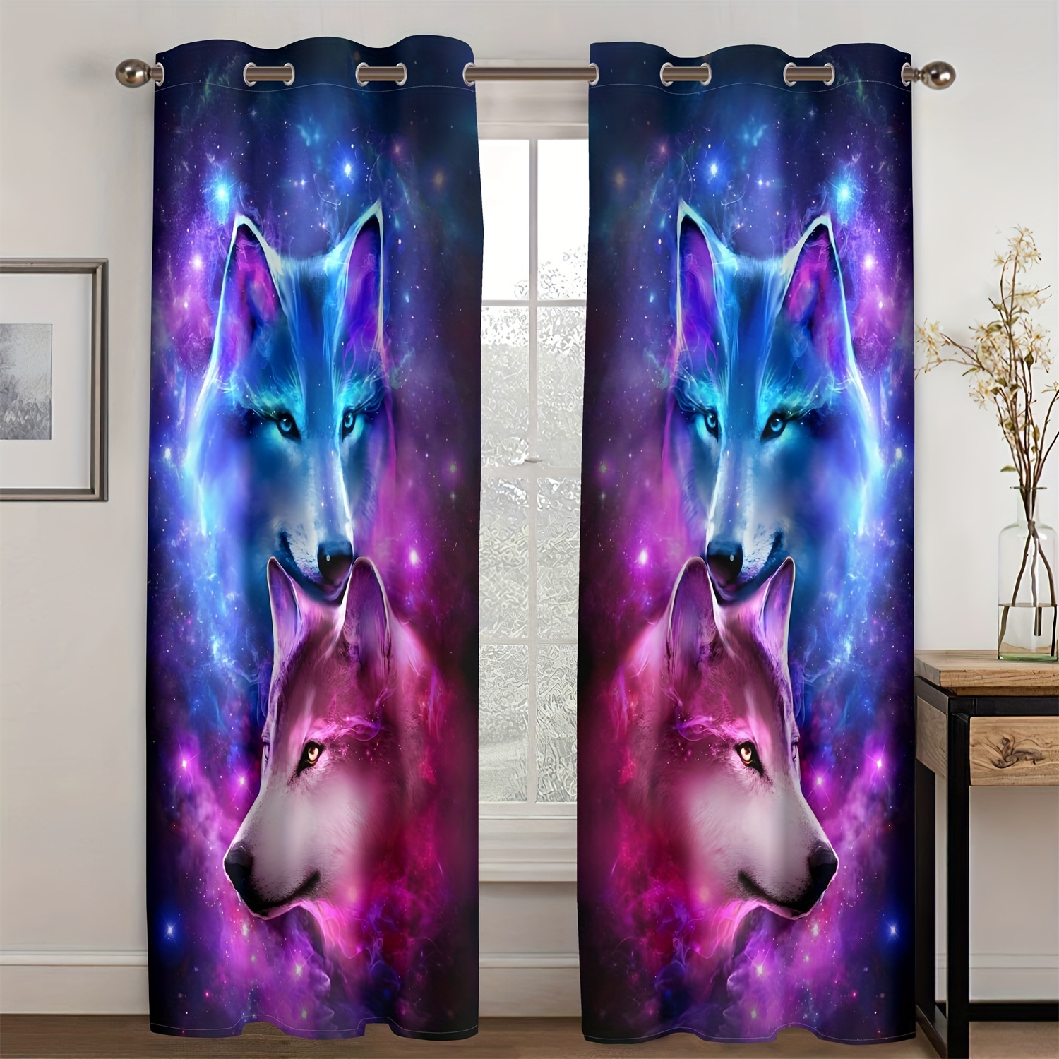 

2pcs Wolf Pattern Curtains, Grommet Top Decorative Window Drapes, Window Treatments For Bedroom Living Room, Home Decoration, Room Decoration