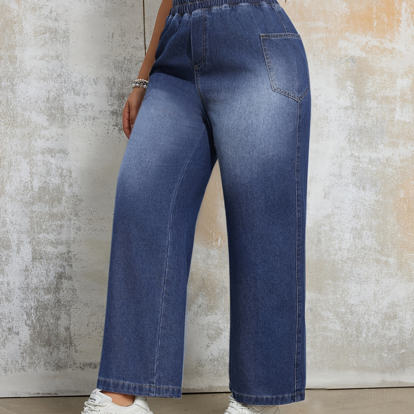 

1pc PEIHOT Large en Jean Décontracté, Couleur Unie Tissu Non Extensible , Coupe Toutes avec Poches