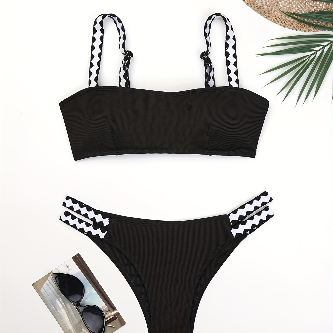 

Contrast Color 2 Piece Set Bikini, Spaghetti Straps Cut Out High Cut Swimsuits, Women's Swimwear & Clothing