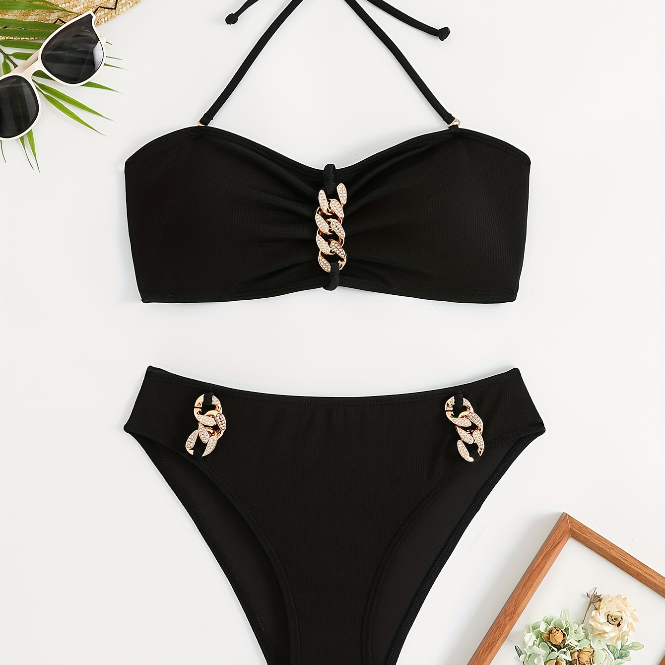 

Women's 2-piece Bikini Set, Ribbed Design With Golden Chain Accents, Halter Neck Top, High Cut Bottoms, Sexy Swimsuit For Summer Beachwear
