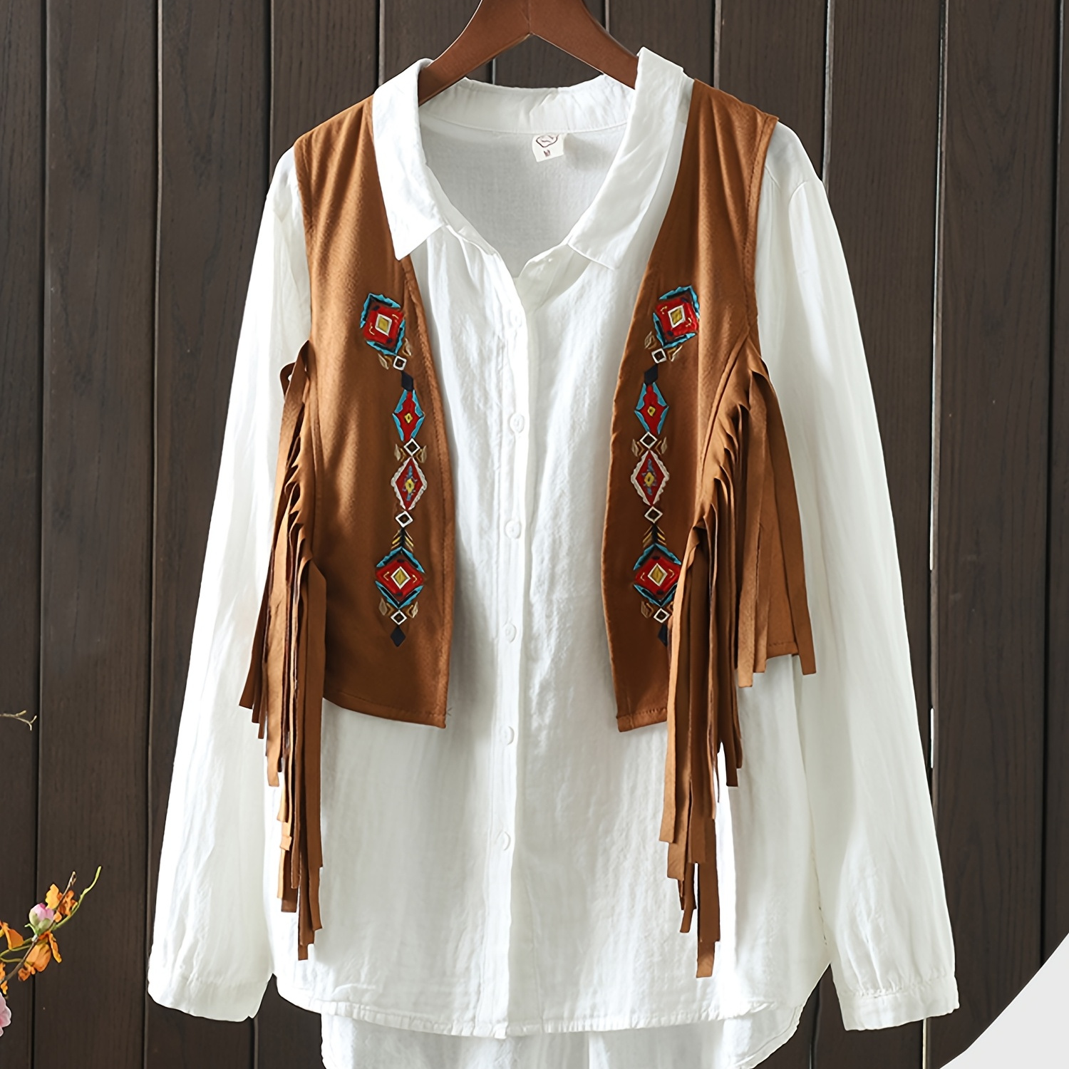 

-chic Embroidered Trim Vest - Sleeveless Suede Brown Vest For Women, Vacations, Machine Washable, Open Front Design, Retro , Cute Vests