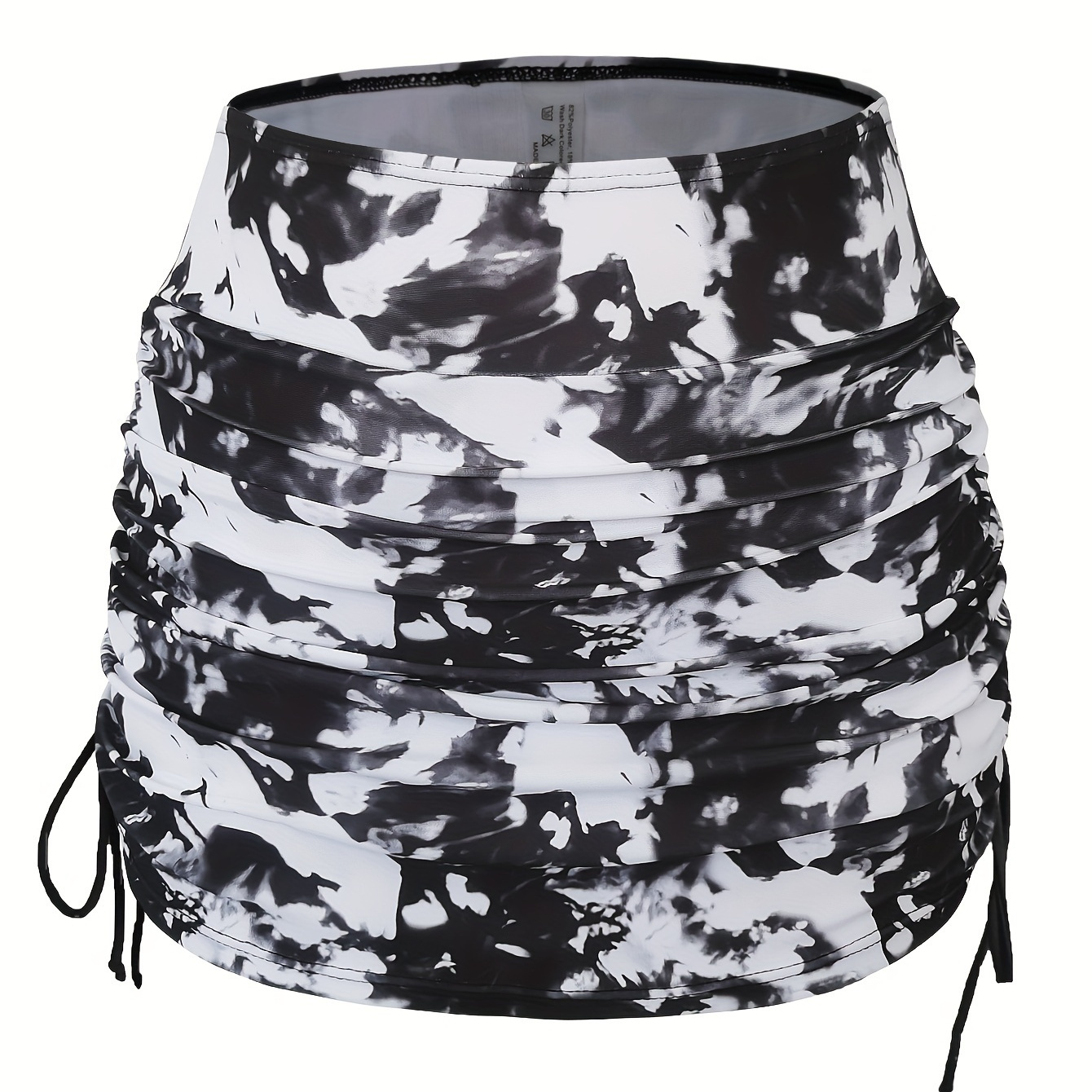 

Women's High-waisted Ruched Skirted Swim Bottoms With Drawstring, Black And White Tie-dye Swimwear Skorts