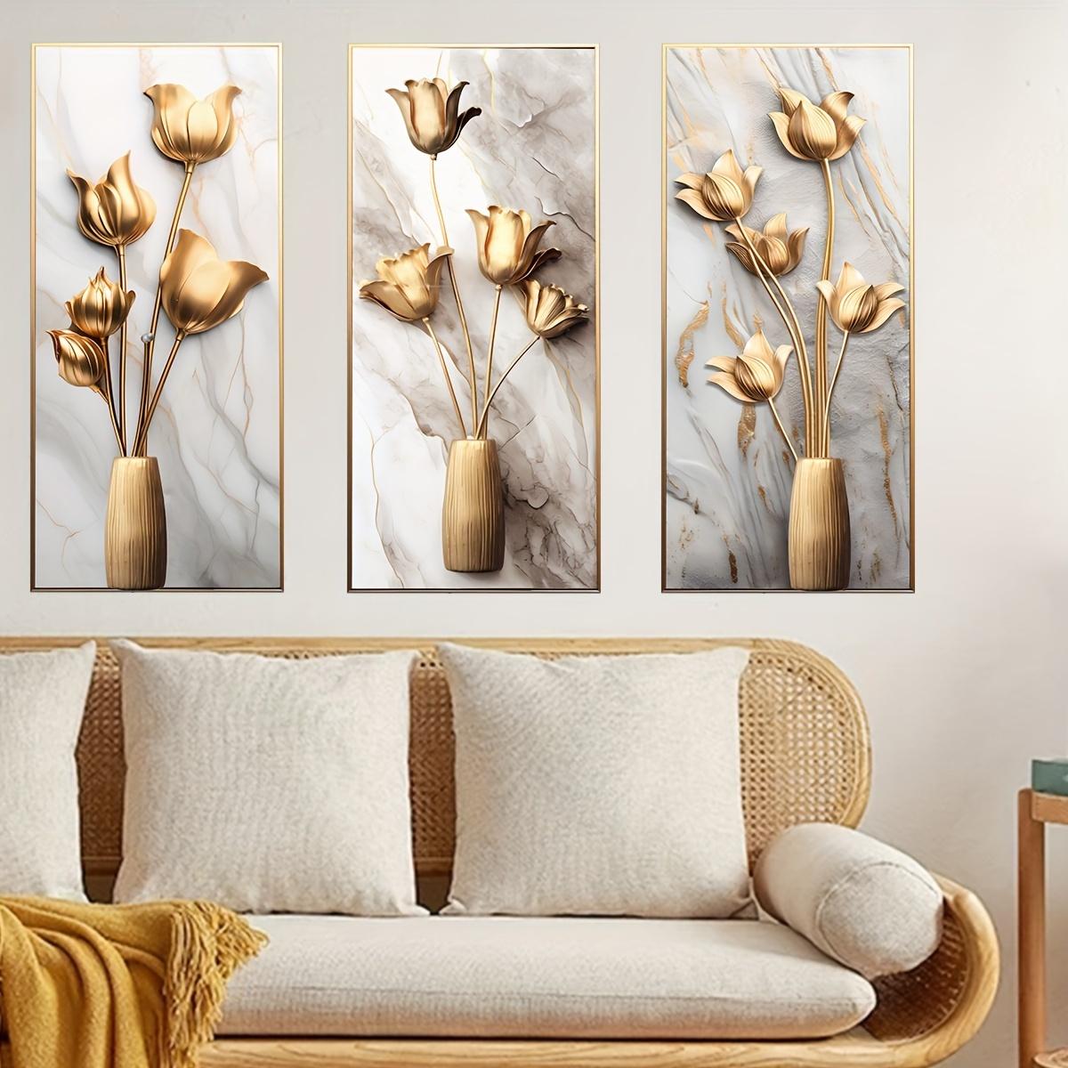 

Three-dimensional 3d Fake Vase Golden Flower Wall Sticker Living Room Porch Triptych Decorative Wall Sticker Self-adhesive