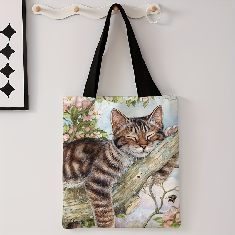 

1pc Men's Hand-painted Cat Pattern Double-sided Print Casual Tote Bag, Trendy Reusable Versatile Handbag, Letter Print Canvas Shopper Bag
