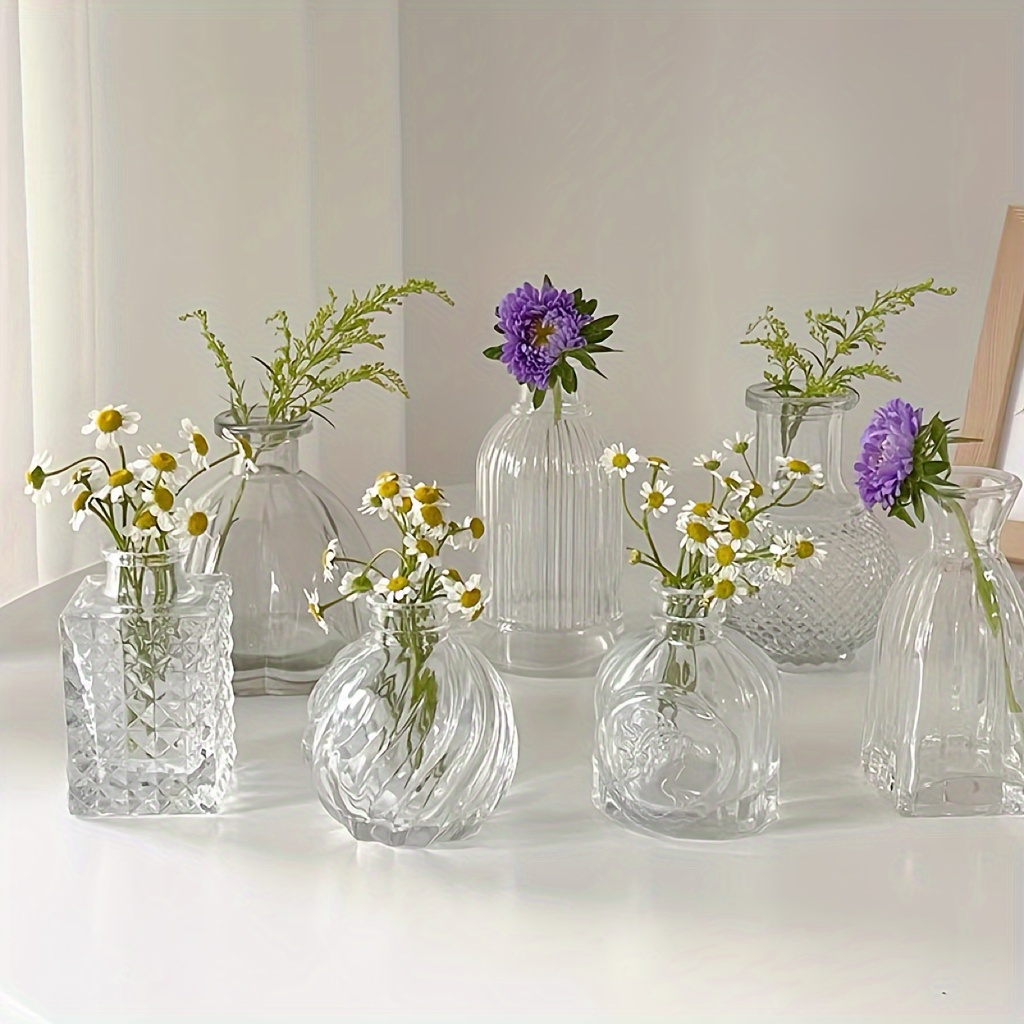 

7pcs/set Glass Vase, Vintage Transparent Glass Bud Vase, Flower Decor Vase, Antique Decorative Small Opening Short Vase, Multi Rustic Aesthetic Wedding Table Center, For Living Room Office Decor