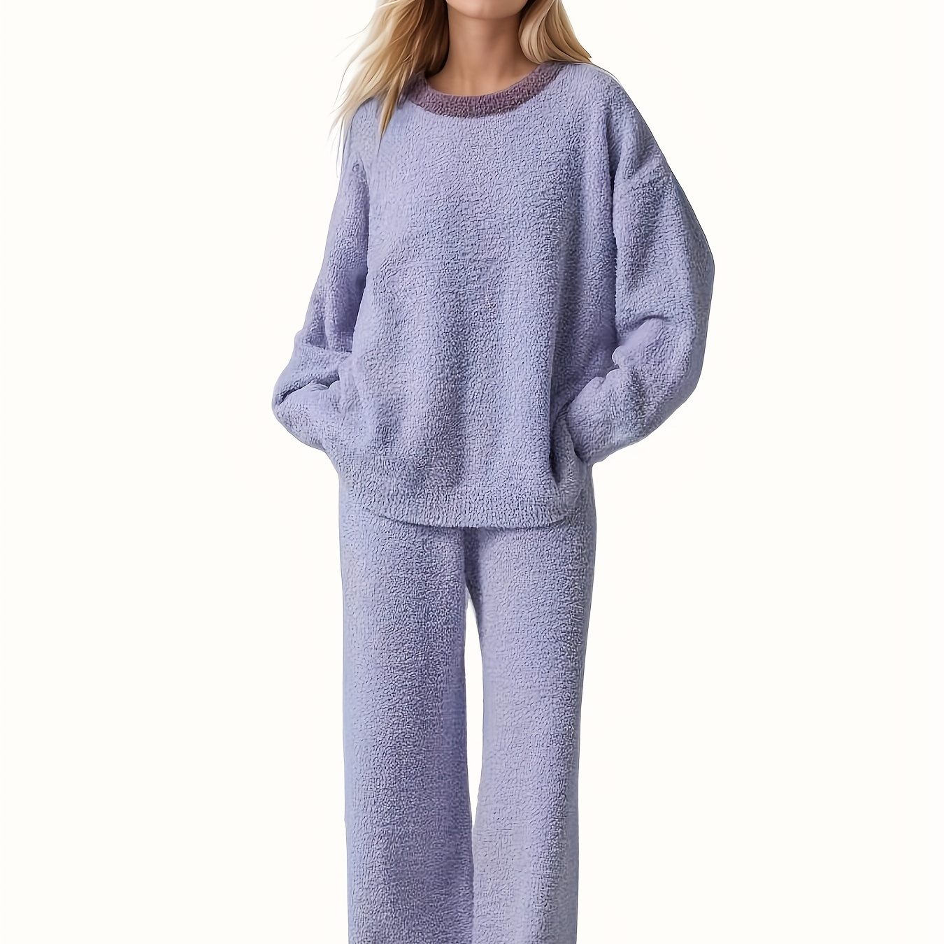 

Cozy Fleece Women's Pajama Set - Soft Polyester, Round Neck, Long Sleeve Top & Waist Pants, Solid Color, Machine Washable - Fall/winter