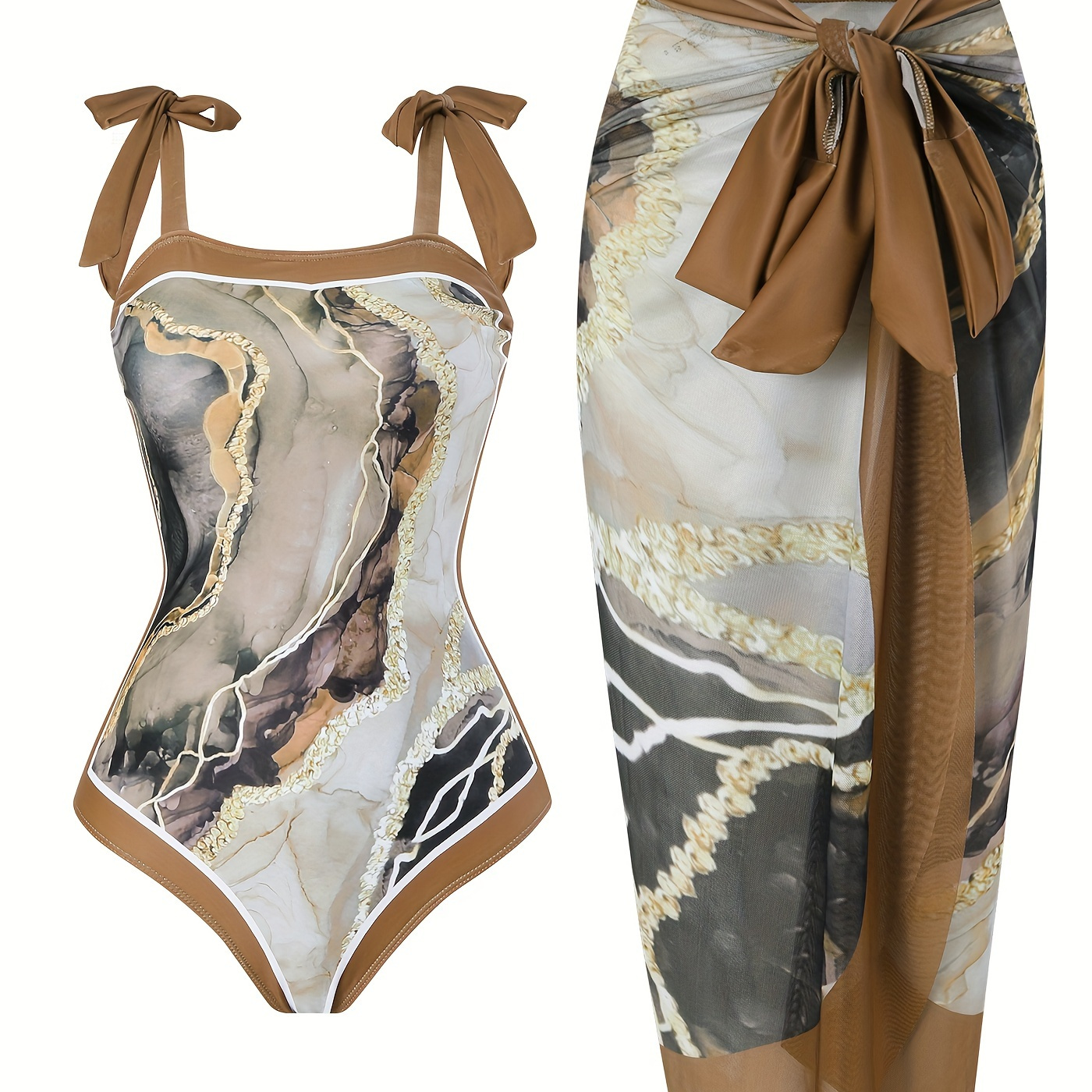 

Brown Marble Print 2 Piece Swimsuits, Tie Shoulder Stretchy One-piece Bathing-suit & Cover Up Sarong Skirt, Women's Swimwear & Clothing For Holiday