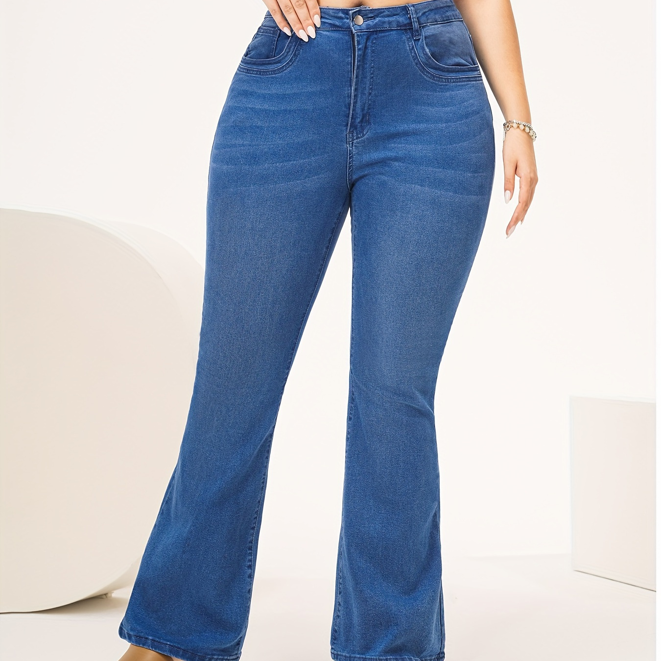 

Plus Size High Waist Stretchy Flared Jeans, Slim Fit Bootcut Denim Pants, Elegant Style, Versatile Fashion For Women