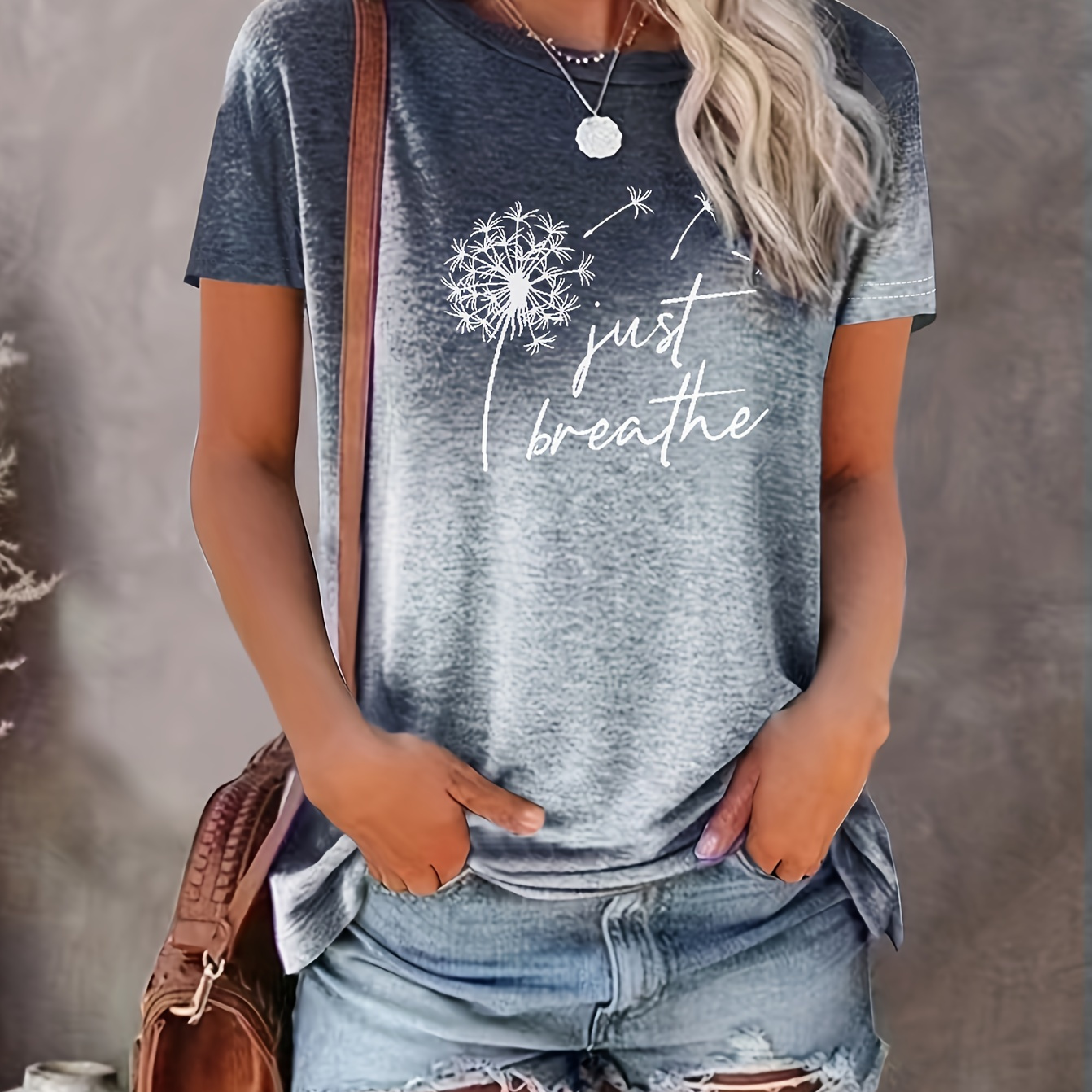 

Just Breathe & Dandelion Print T-shirt, Casual Crew Neck Short Sleeve Top, Women's Clothing