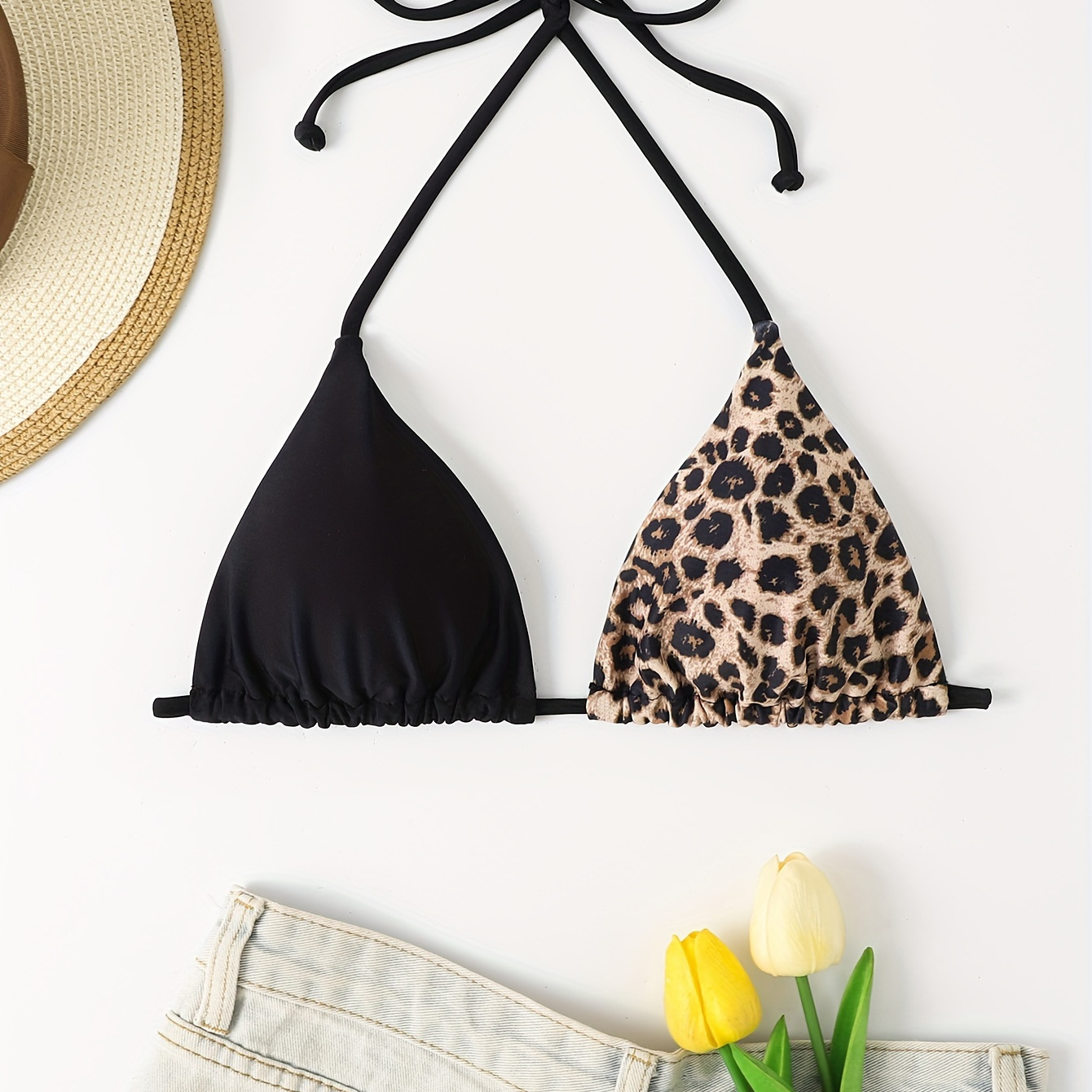 

Women' Bikini Top, Swimwear, Adjustable Tie Back, Leopard Print & Color, Poolside Fashion, Summer Beachwear