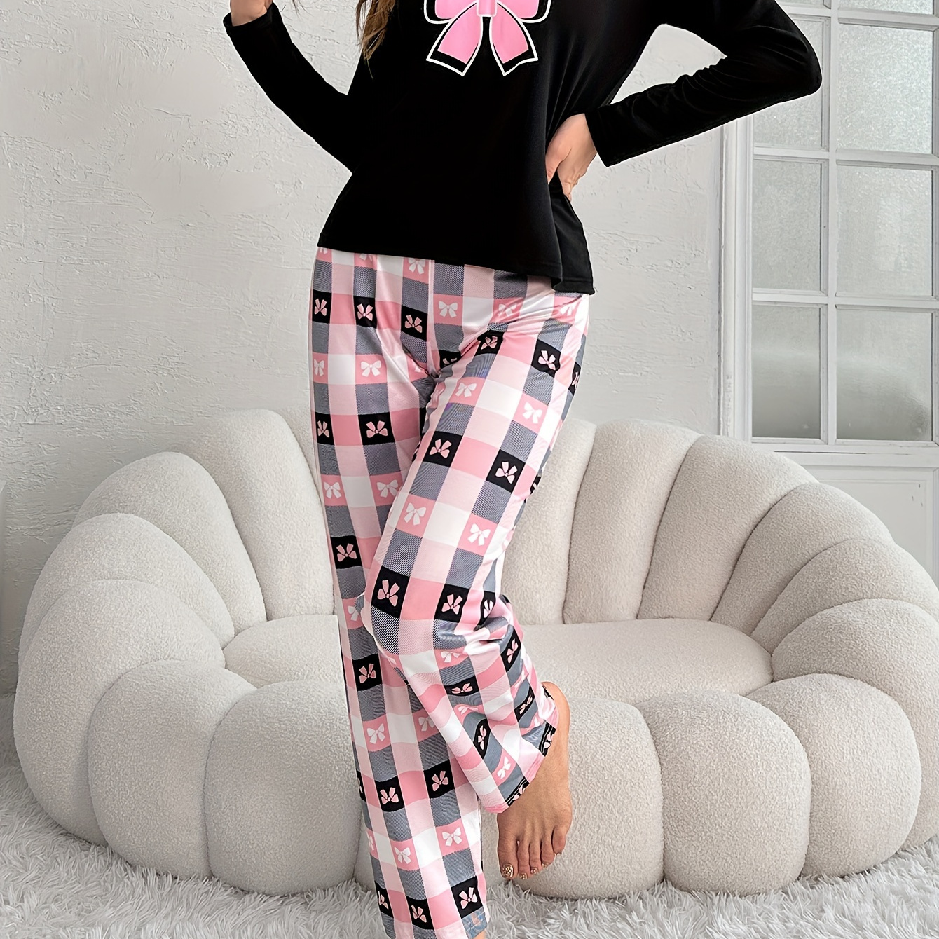 

Women's Bow & Plaid & Slogan Print Casual Pajama Set, Long Sleeve Round Neck Top & Pants, Comfortable Relaxed Fit For Fall & Winter