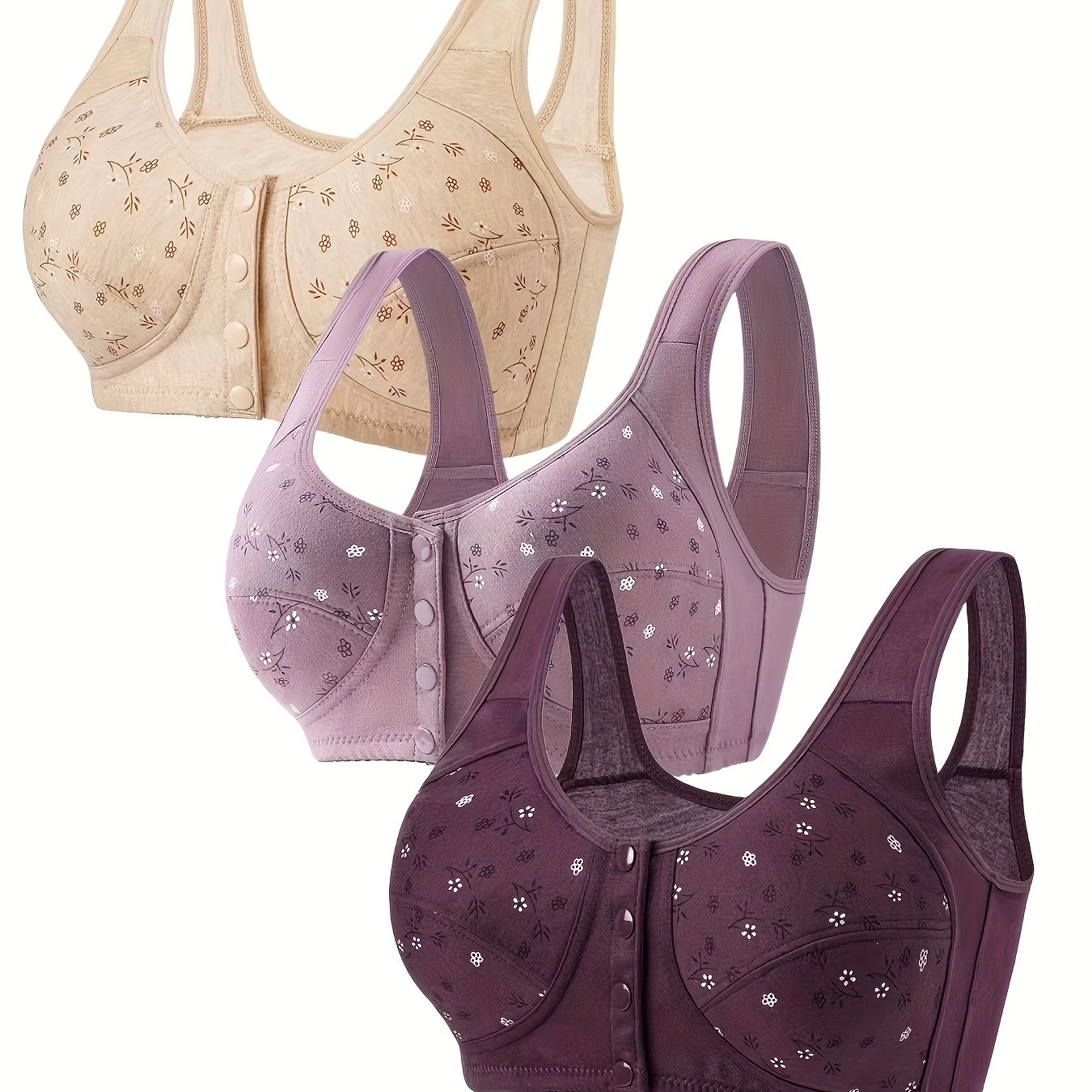 

3pcs Floral Print Front Button Bra, Comfy & Breathable Wireless Bra, Women's Lingerie & Underwear
