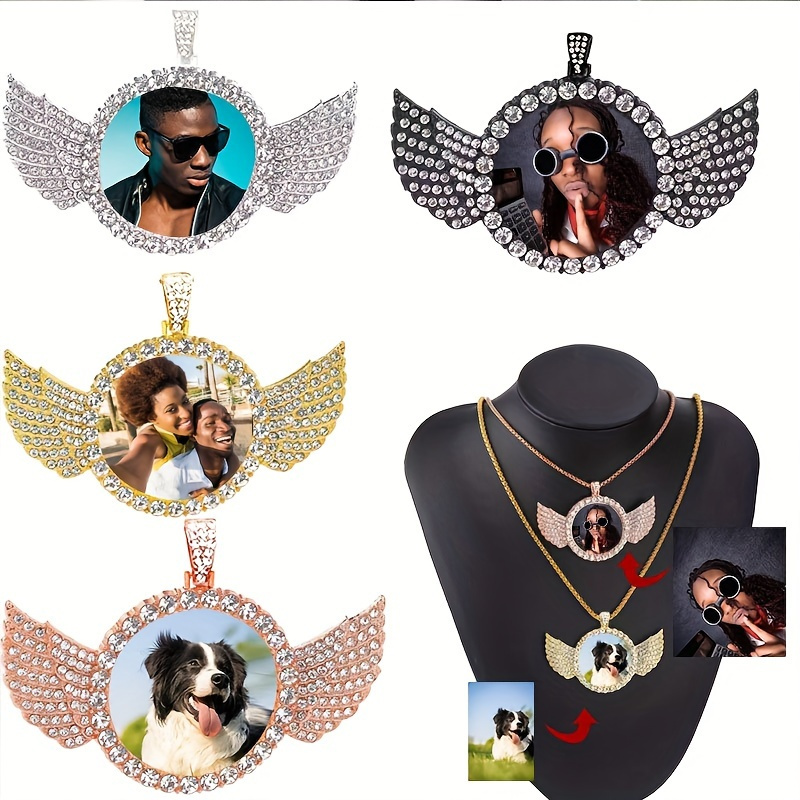 

Custom Photo Round Necklace With Chain, Vintage Bohemian Style, Rhinestone Winged Frame Pendant, Personalized Album Picture Necklace Jewelry Gifts For Women