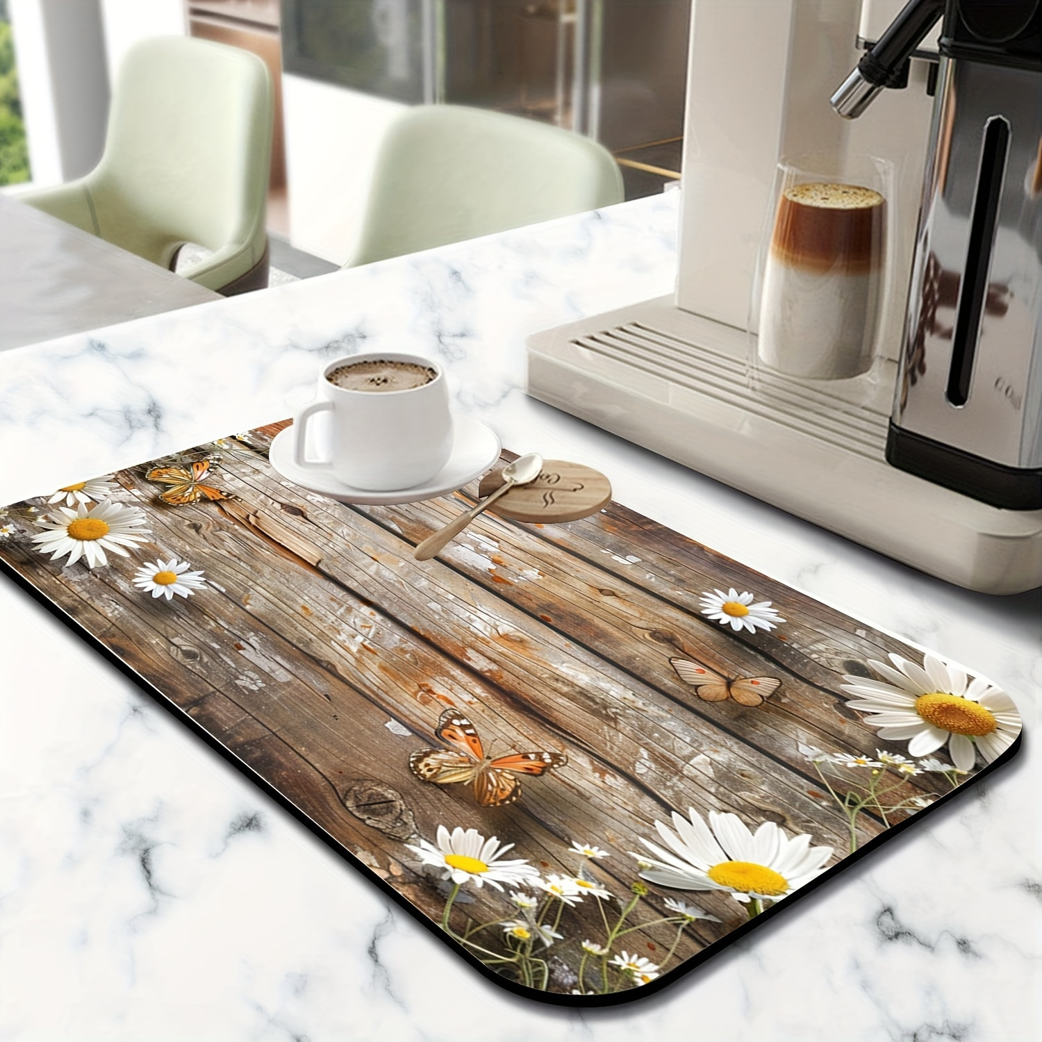 

1pc Rustic Daisy Design Dish Drying Mat – Anti-slip, Super Absorbent Polyester Kitchen Mat For Coffee Machine, Home & Patio Table Décor, Holiday Decorative Gift