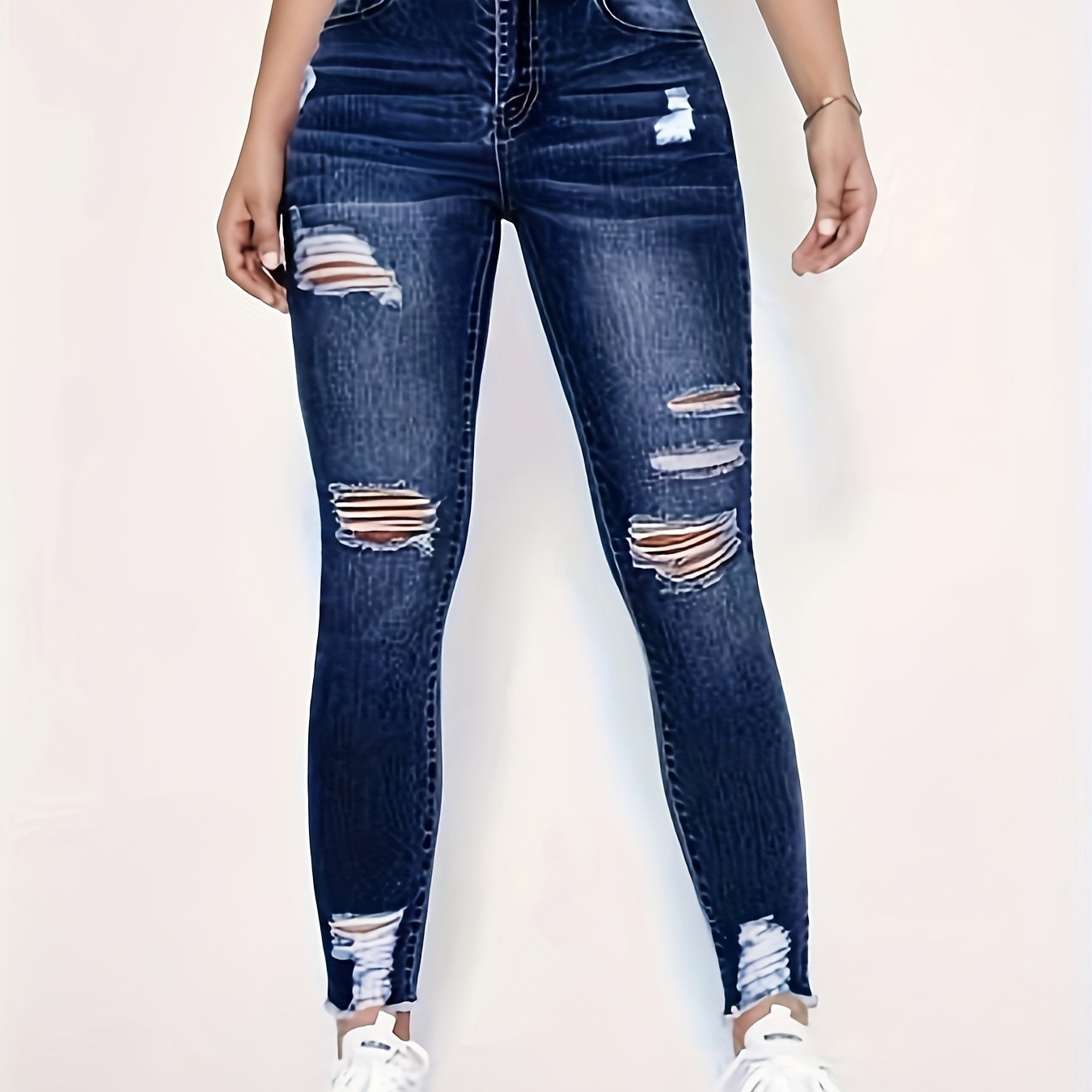 

Women's Skinny Ripped Jeans, High-waist Frayed Hem, Distressed Washed Denim Pants, Street Style