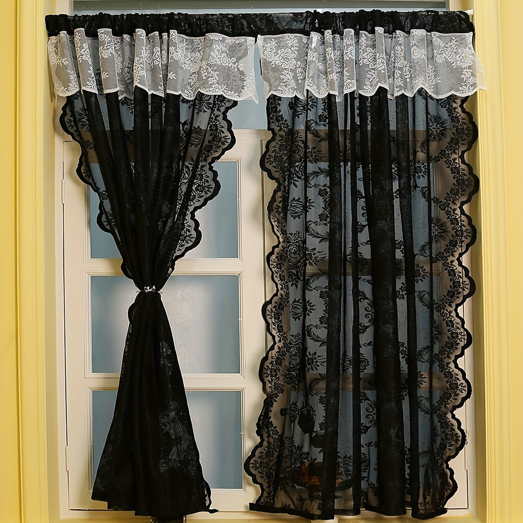 TEMU 1pc Black French Side With White Small Rose Lace Small Curtains Simple And Stylish Curtains