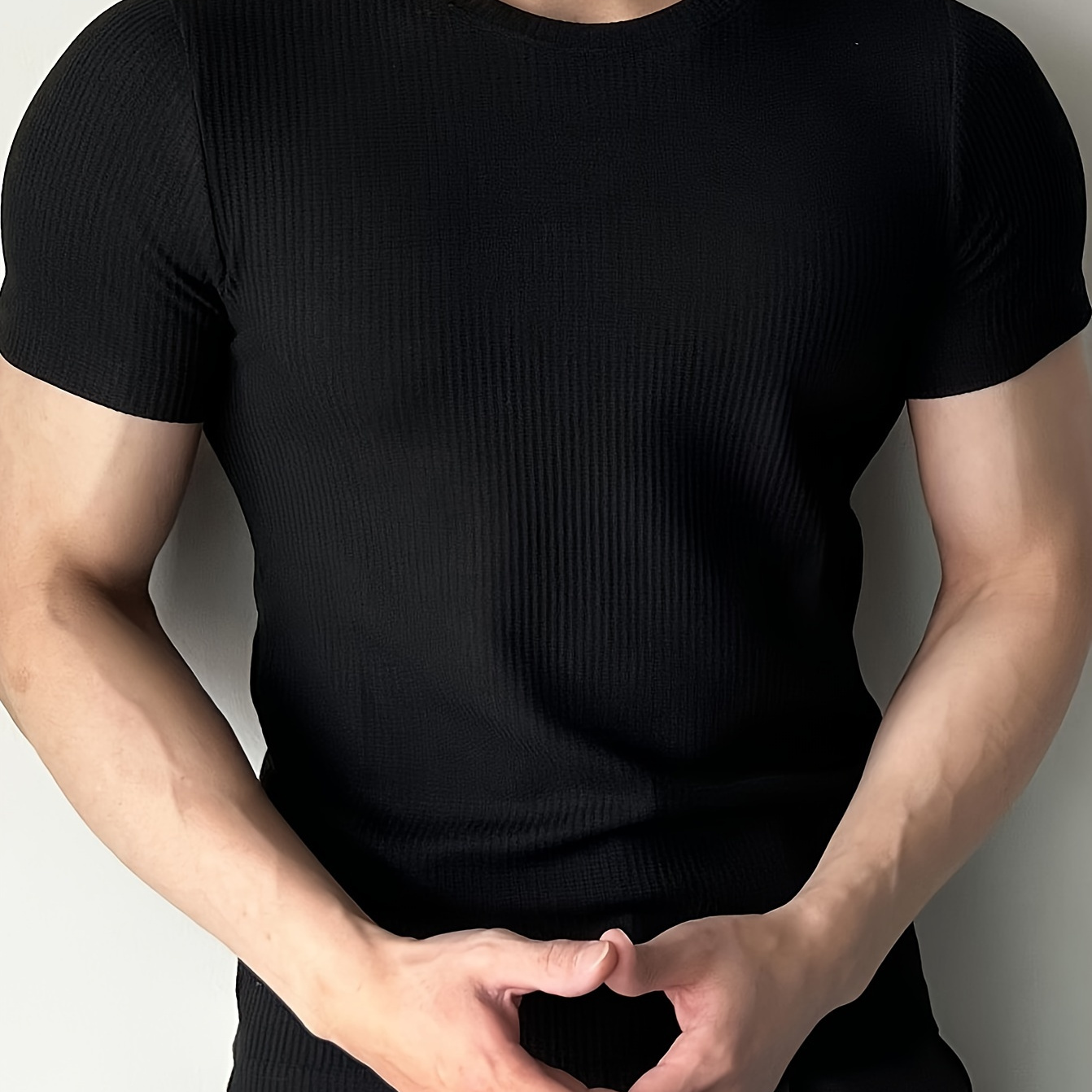 

Solid Ribbed Crew Neck Short Sleeve Knitted T-shirt For Men, Casual Summer T-shirt For Daily Wear And Vacation Resorts