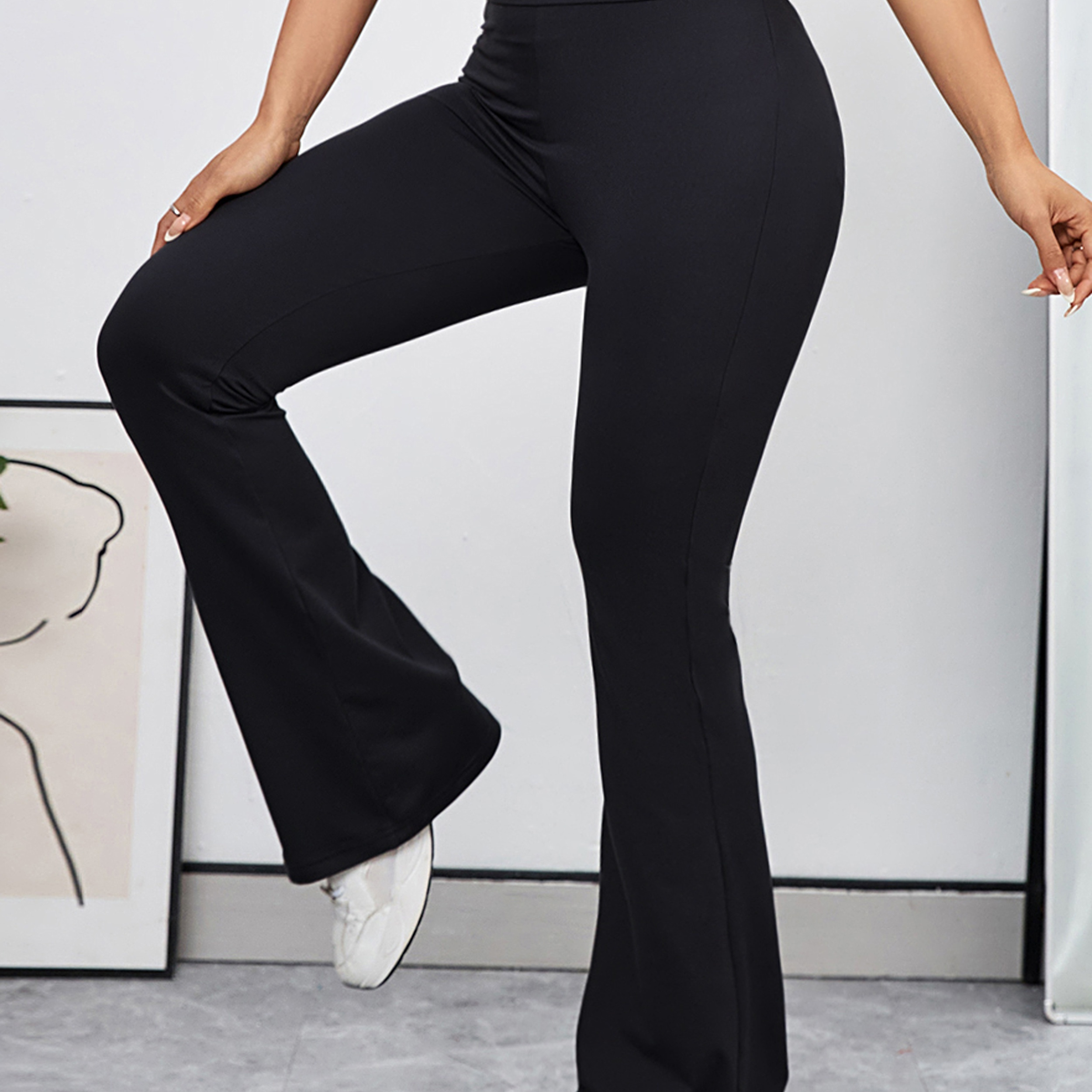 

High Waist Stretch Flared Pants, Solid Color Yoga Bootcut Pants, Women's Activewear For Fall & Winter