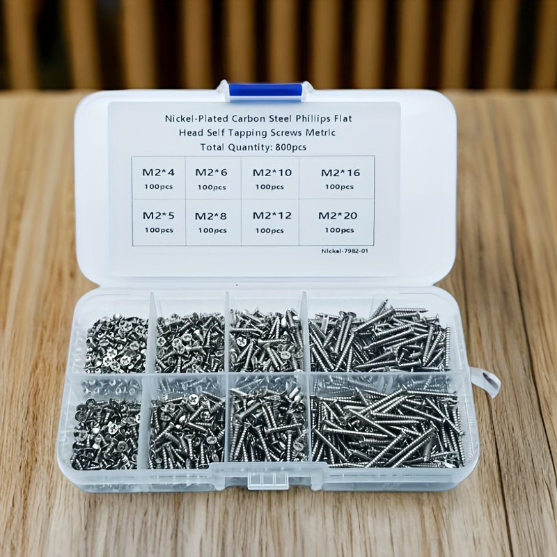 

800pcs M2 Series Flat Head Self-tapping Screw Assortment Kit, Iron Nickel-plated, Fluted Shank, Flat Head Style For Woodworking And Diy Projects