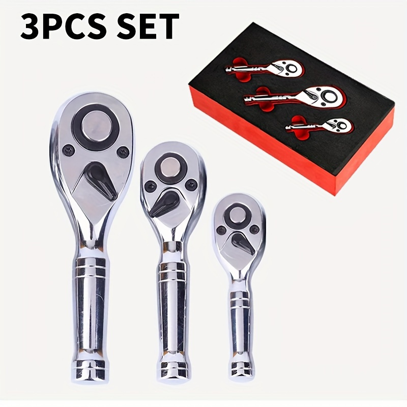 

3-piece Ratchet Wrench Set, 72 Teeth Round Head, Quick Release Reversible Steel Mini Ratchet Tools, 1/4, 3/8, 1/2 Inch Drive Ratchet Set