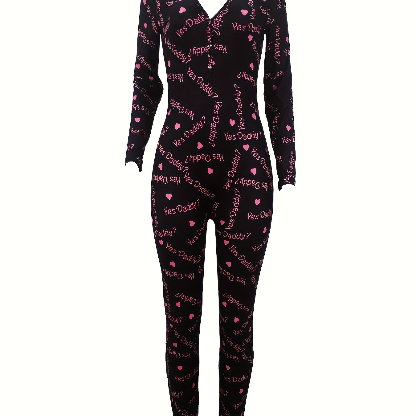 Letter Print Lounge Jumpsuit, Casual V Neck Long Sleeve Buttons Jumpsuit, Women's Loungewear & Sleepwear