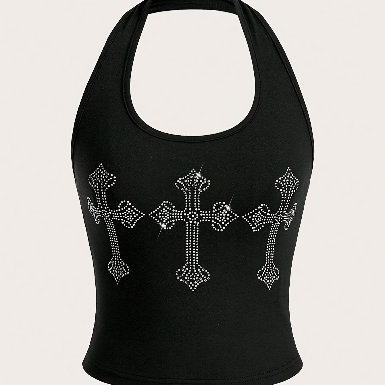 

Rhinestone Halter Neck Crop Top, Y2k Slim Backless Halter Top For Summer, Women's Clothing
