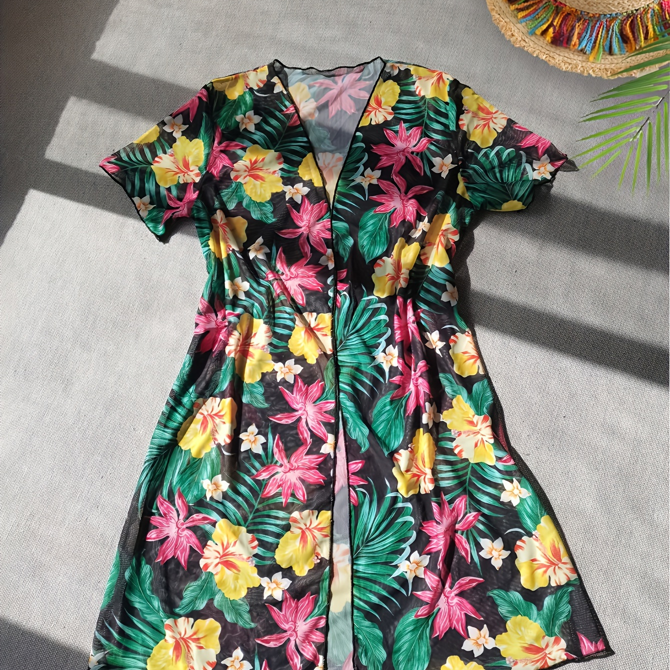 

Tropical Print Casual Cover Up Without Bikini, Short Sleeves Semi-sheer Beach Cardigan, Women's Swimwear & Clothing