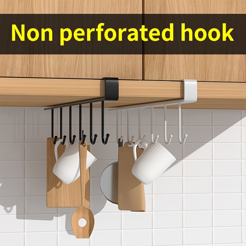 

Carbon Steel Under-shelf Hanging Hooks, No-drill Adhesive Installation, Kitchen Storage Rack With 6 Sturdy Detachable Hooks, Space-saving Cabinet Door Organizer, Paint Finish