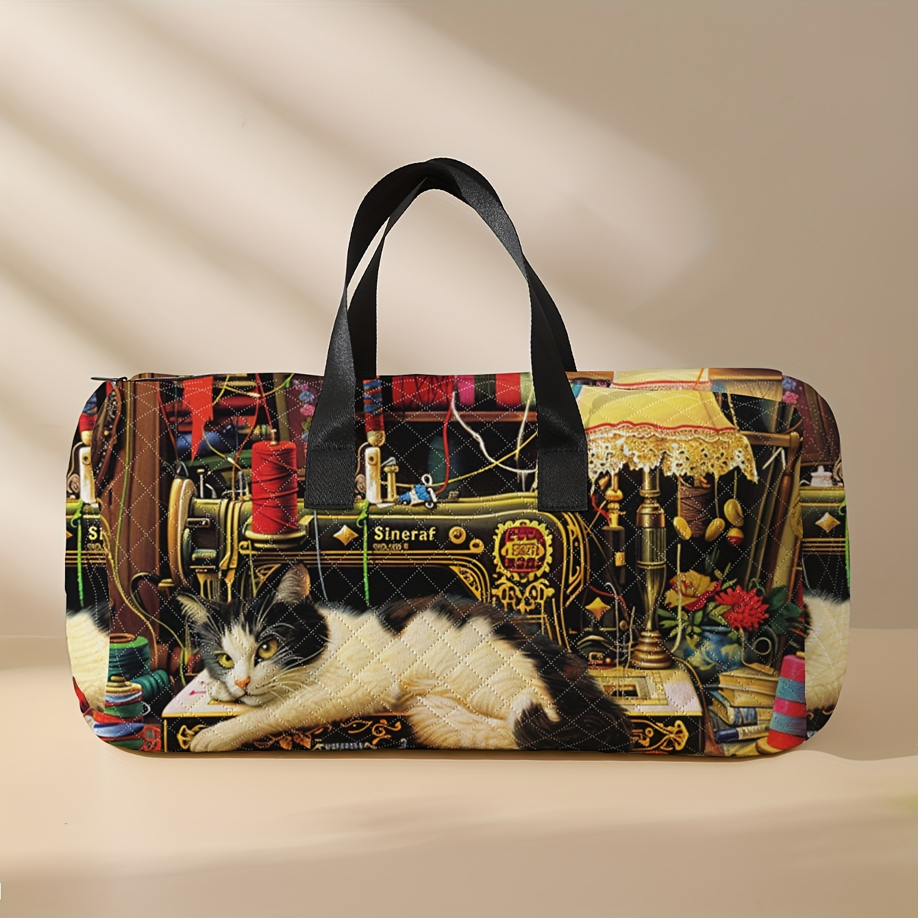 

& Sewing Machine Print Handbag - Spacious Diamond Quilted Travel Duffle With Shoe Compartment, Portable Overnight Bag For Yoga & Fitness