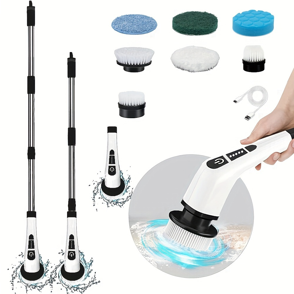 

1 Set Of 360 Cordless Electric Cleaning Brushes With 7 Replaceable Brush Heads And Adjustable Handles - Perfect For Car Washing, Bathroom, Bathtub, Kitchen, And Ceramic Tiles