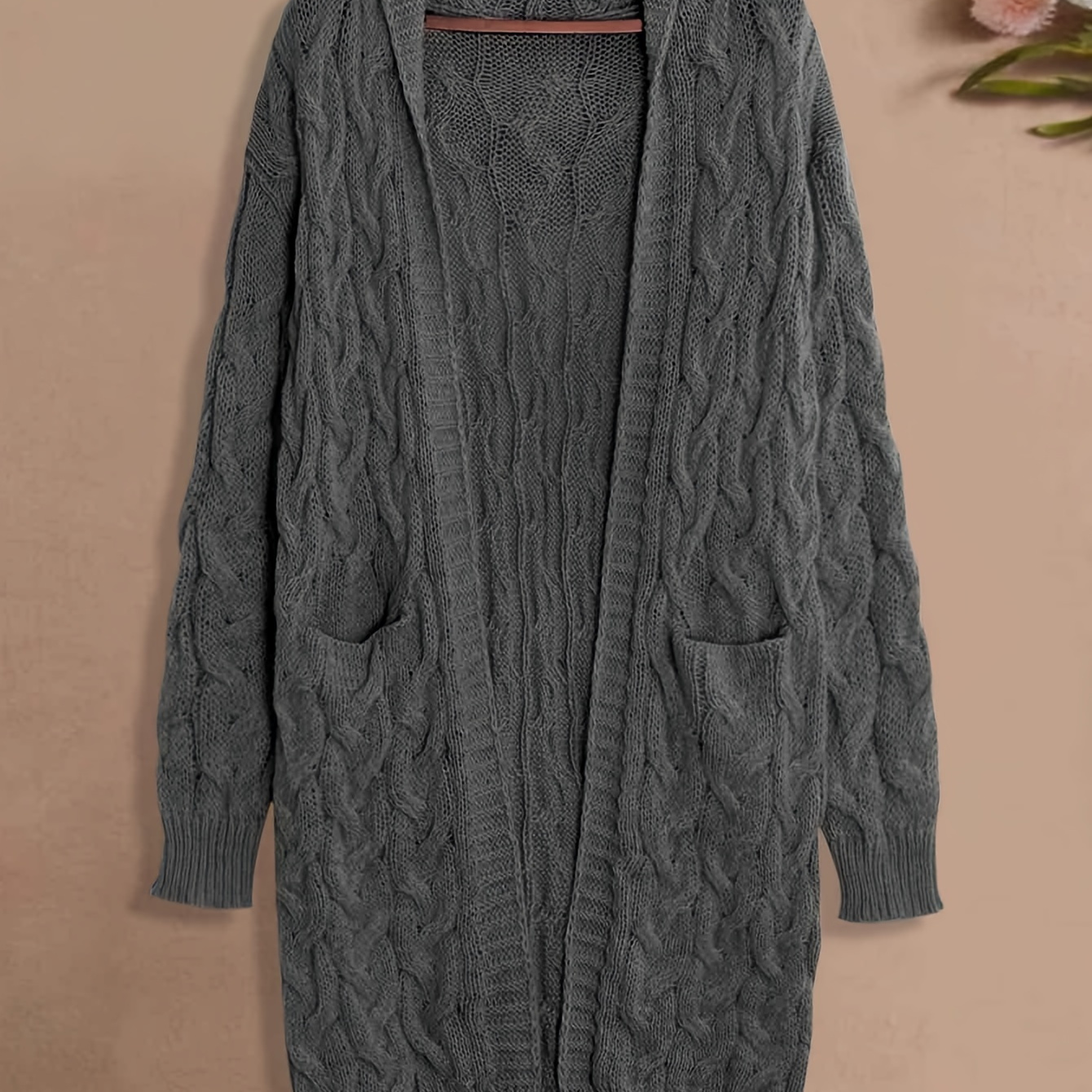 

Plus Size Casual Cardigan, Women's Plus Cable Knit Long Sleeve Open Front Medium Stretch Hooded Sweater Cardigan With Pockets