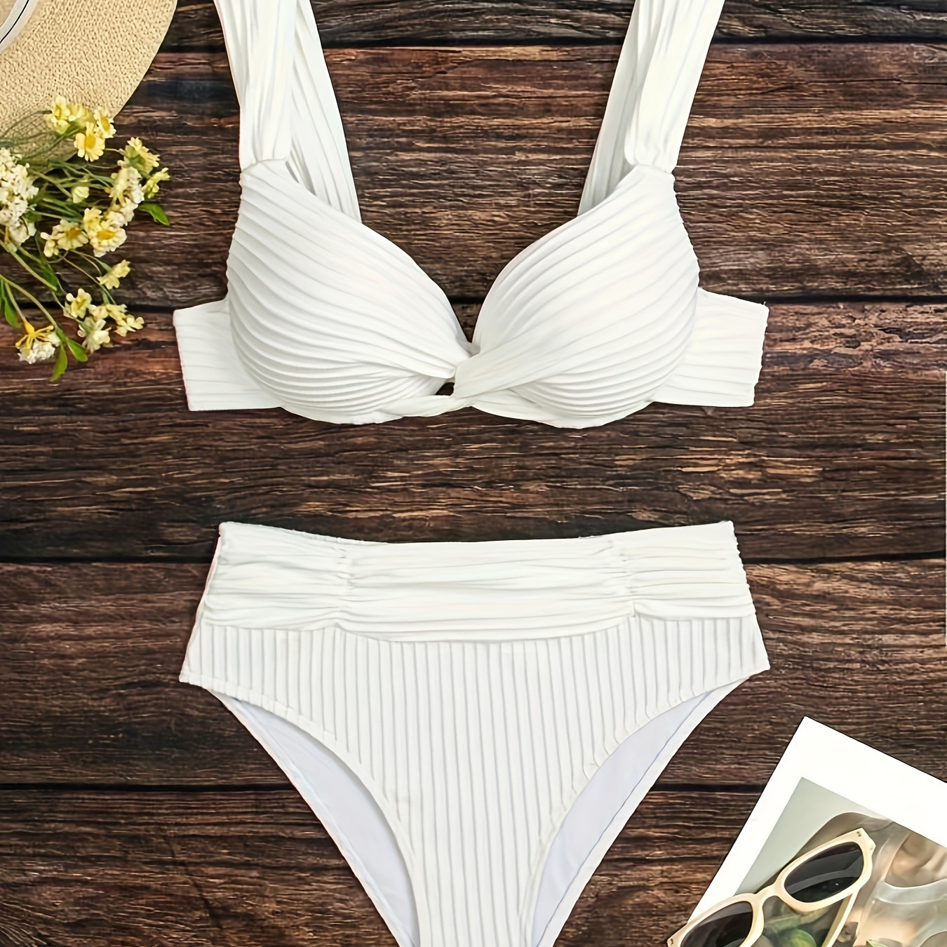 

Textured High-waisted Bikini Set With Hard Cup Underwire, Twist Front Top, White Two-piece Swimsuit, Beachwear, Poolside Fashion