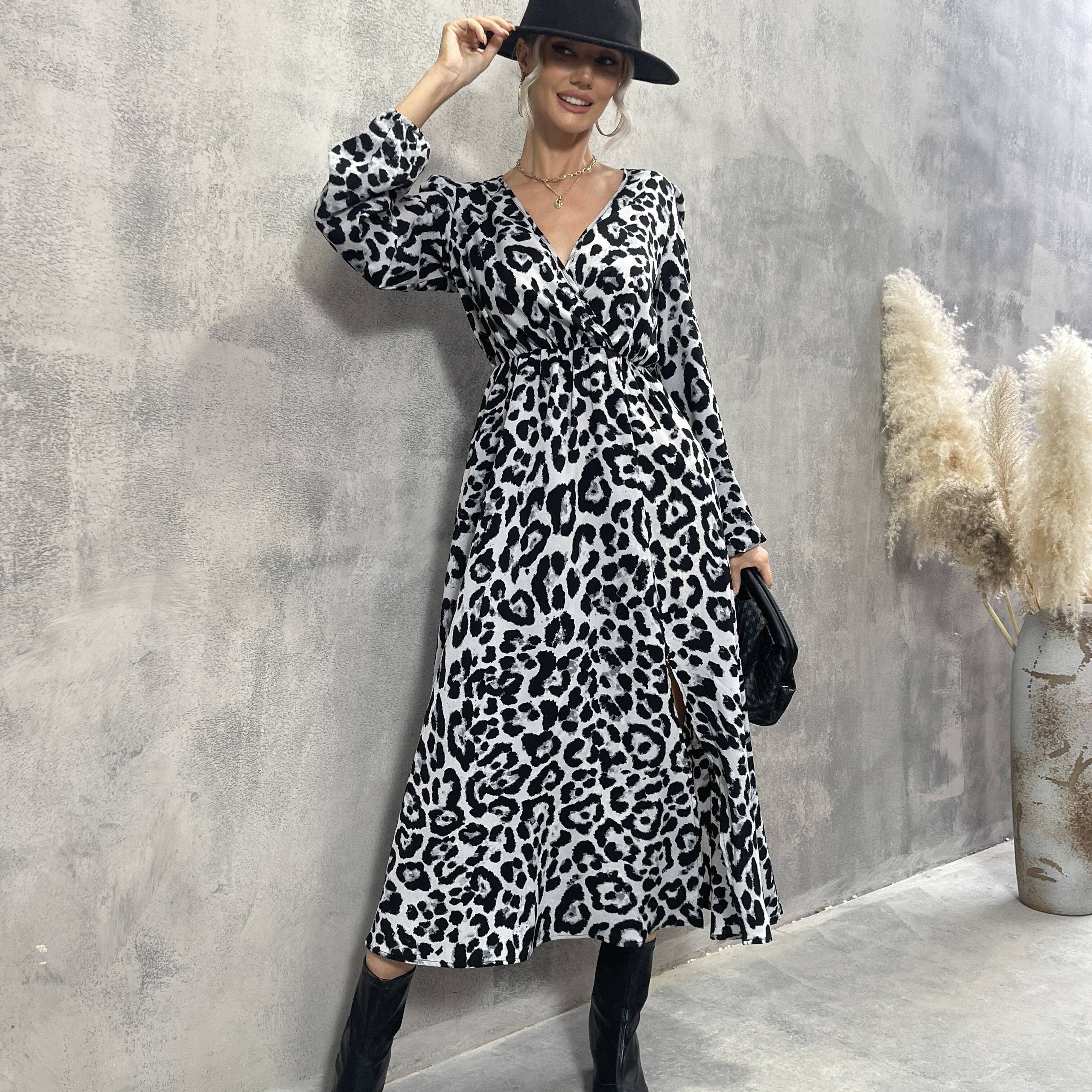 

Leopard Print Surplice Neck Dress, Elegant Long Sleeve Split Dress For Spring & Fall, Women's Clothing