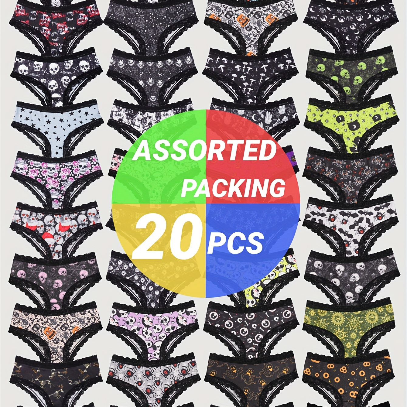 

20pcs Gothic Lace Briefs For Women - Sexy & Comfortable With Halloween Skull, Eyeballs, Stars & Jack-o'-lantern Prints - Casual Attire Or