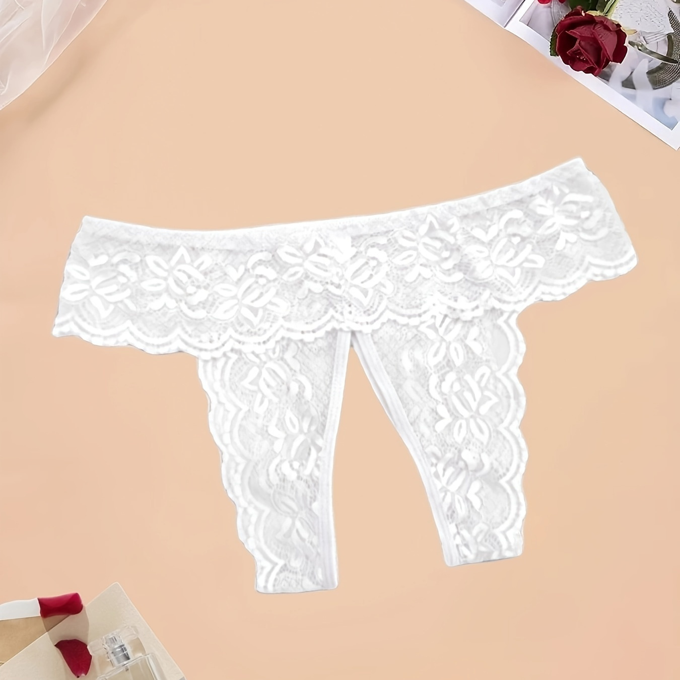 

Plus Size Wedding Sexy Brief, Women's Plus Crotchless Floral Lace Scalloped Trim Sheer Panty, Sexy Lingerie