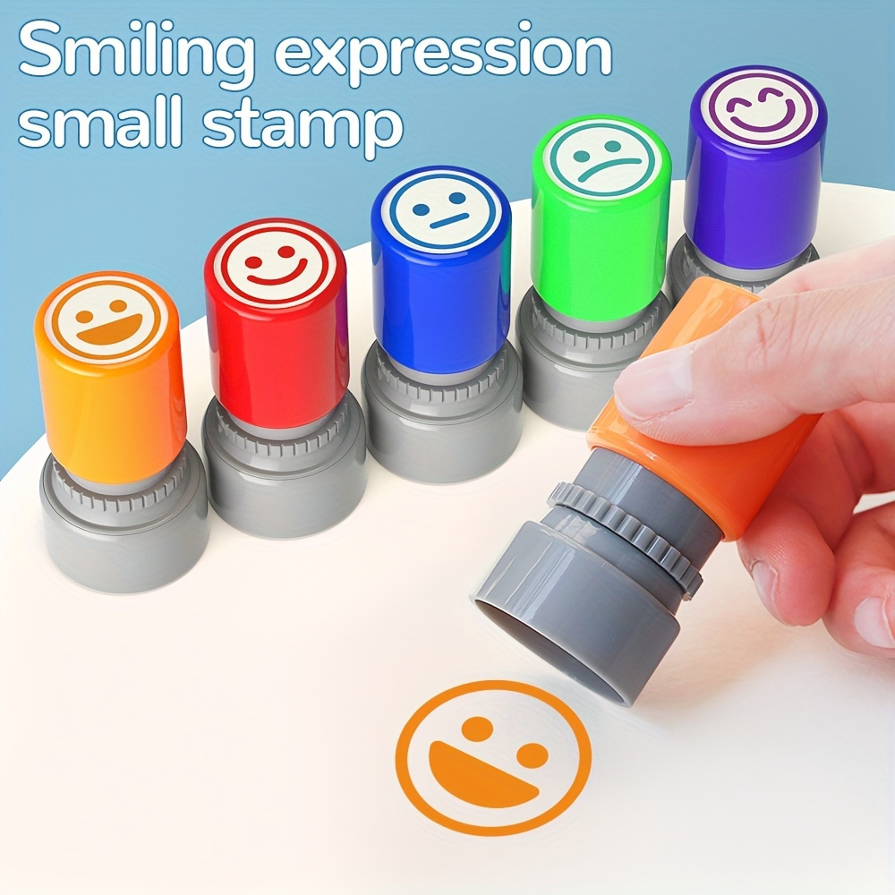 

Pack Of 5 Teacher Stamps For Grading - Self-inking, Pre-inked Office Stationery Stamps With Happy Smile Faces, Encouragement Classroom Feedback - Round Plastic English Expression Stamps