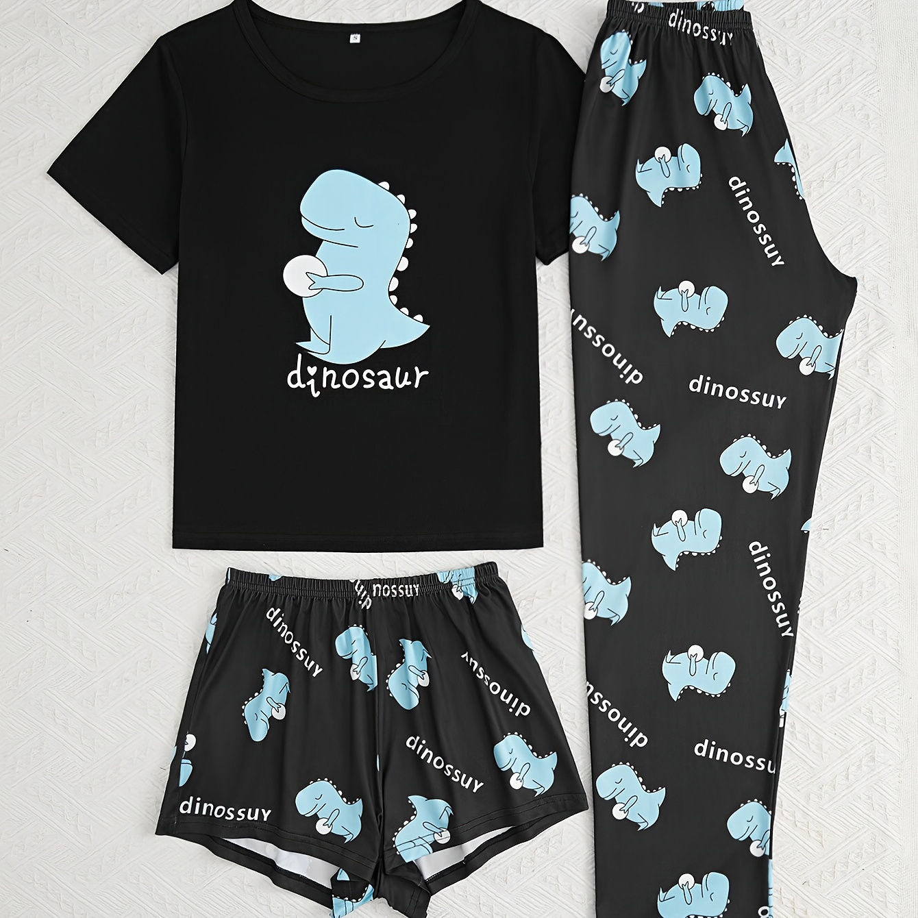 

Cute Dinosaur Print Pajama Set, Short Sleeve Crew Neck Top & Shorts & Pants, Women's Sleepwear & Loungewear