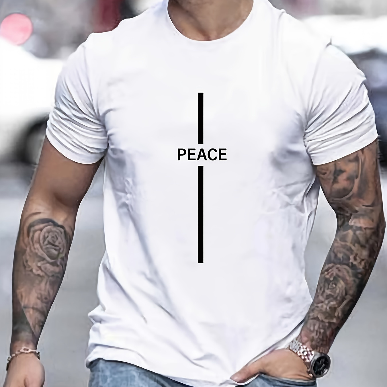 

Men's Casual T-shirt With "peace" Print, Short Sleeve Crew Neck Tee For Summer