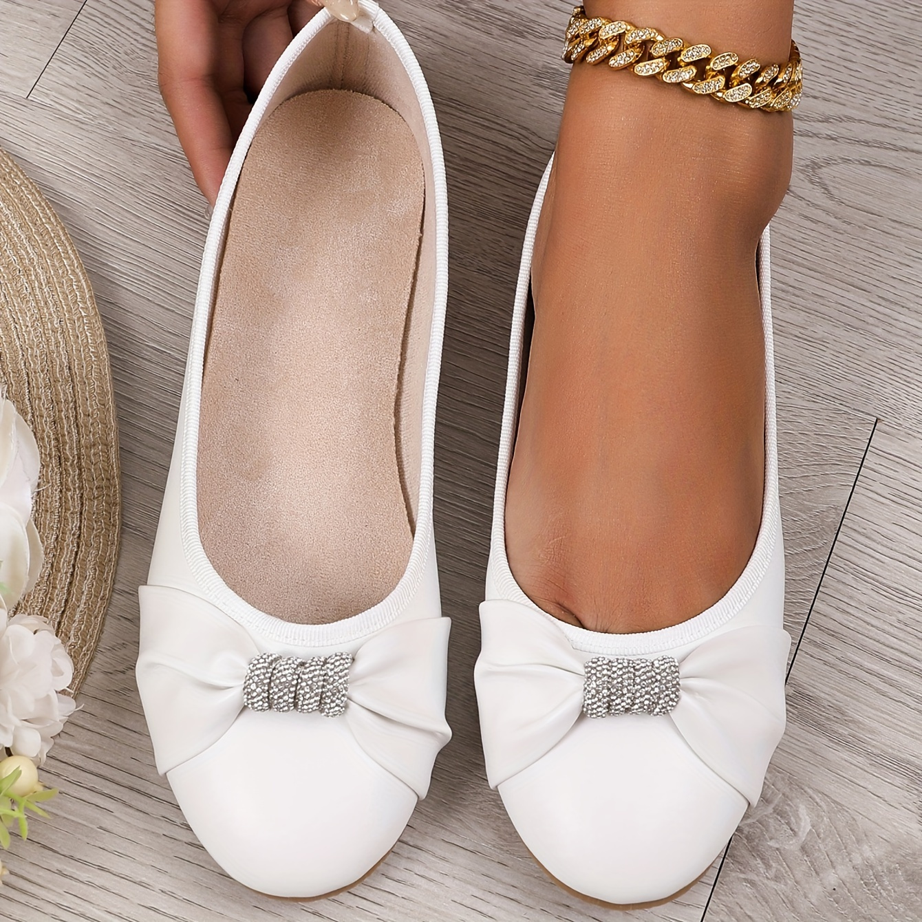 

Women's Rhinestone & Bowknot Decor Flat Shoes, Casual Slip On Round Toe Shoes, Lightweight & Comfortable Shoes