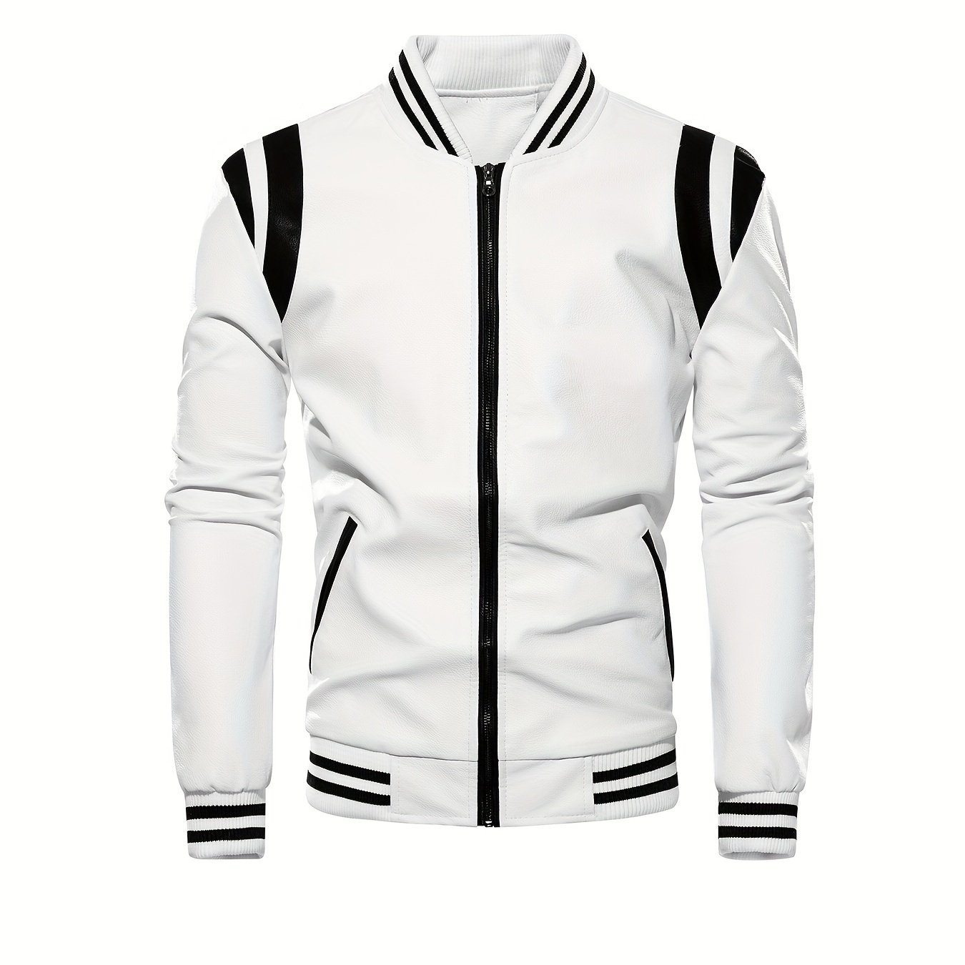 

Men's Stylish Comfy Vintage Style Color Matching Pu Leather Jacket With Pockets, Casual Baseball Collar Zip Up Long Sleeve Varsity Jacket