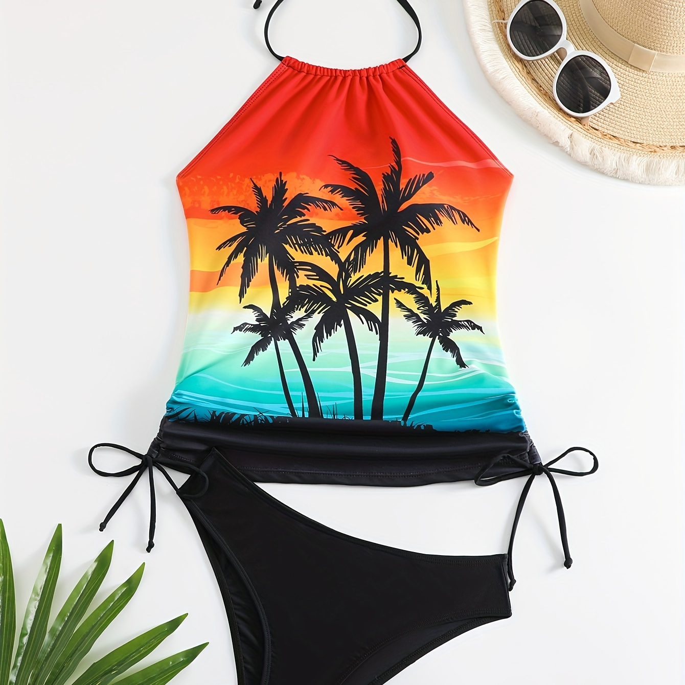 

Coconut Island Tree Halter Tie Neck 2 Piece Set Tankini, Drawstring Backless Stretchy Swimsuit For Beach Pool Bathing, Women's Swimwear & Clothing