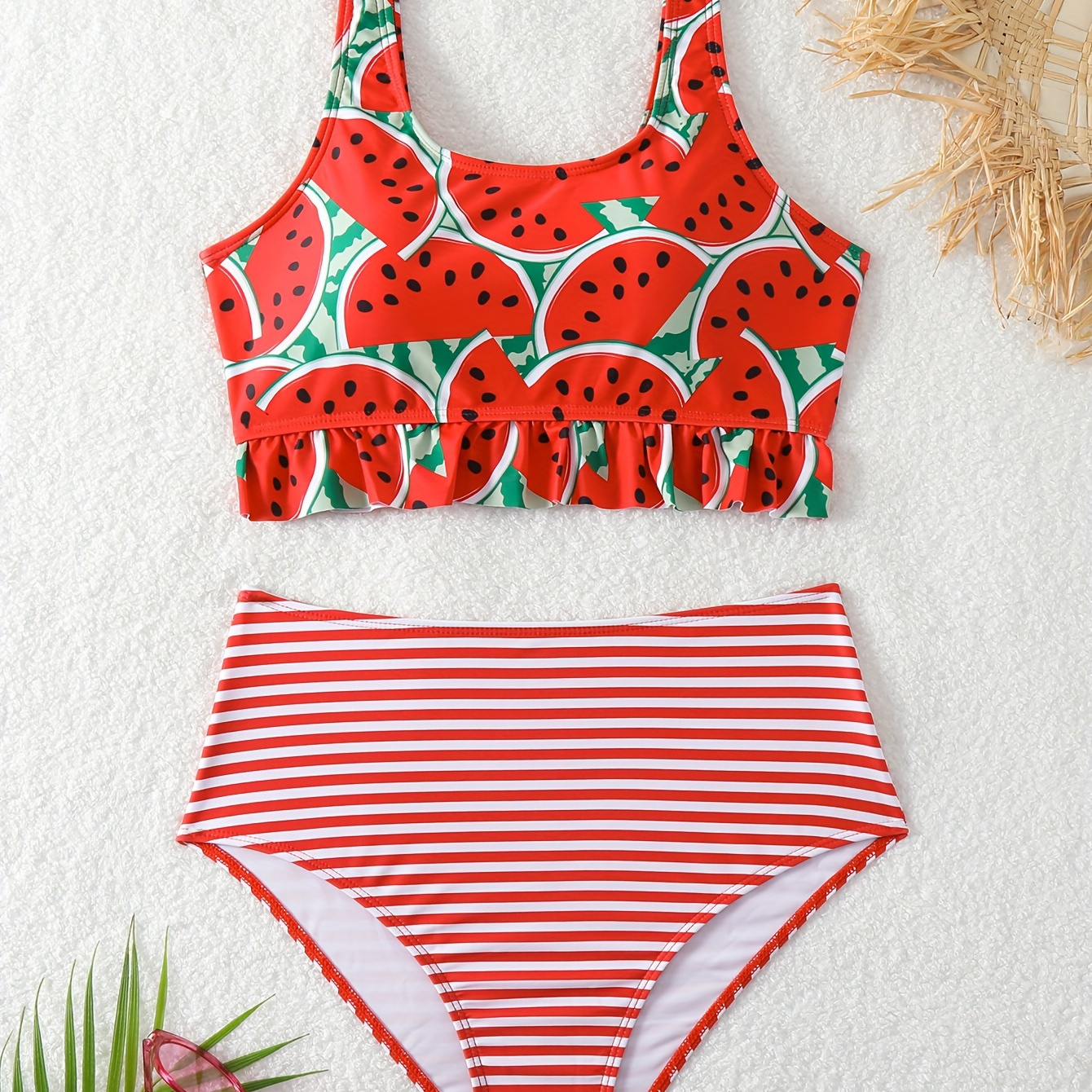 

Watermelon & Striped Print 2 Piece Set Bikini, Round Neck Ruffle Hem High Cut Swimsuits, Women's Swimwear & Clothing