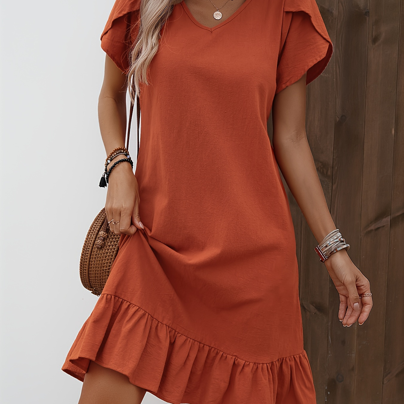 

Solid Color V Neck Dress, Casual Petal Sleeve Ruffle Hem Dress For Spring & Summer, Women's Clothing