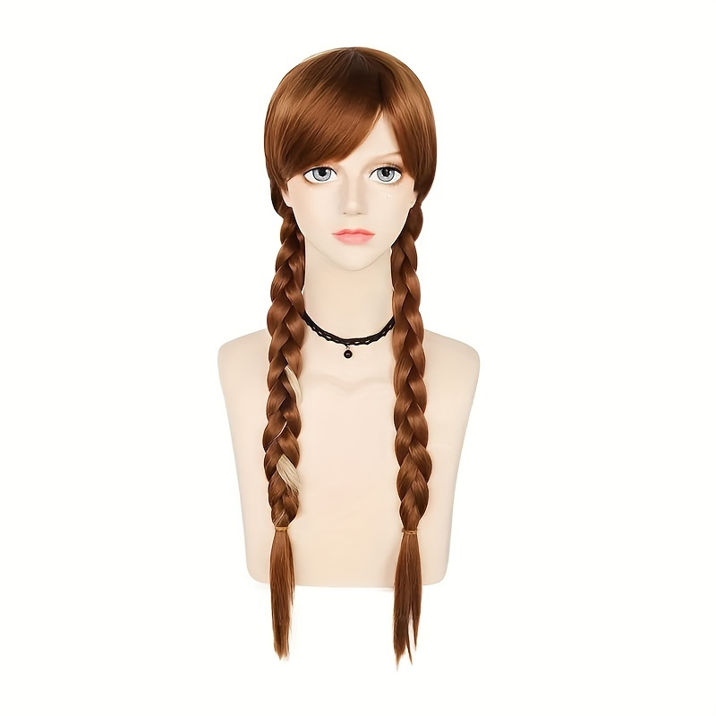 

Braided Brown Cosplay Wig For Women And Girls: Princess Role Play, Costume, Synthetic Hair With Bangs, Adjustable Net Cap, 100% Density, Suitable For All , No Lace