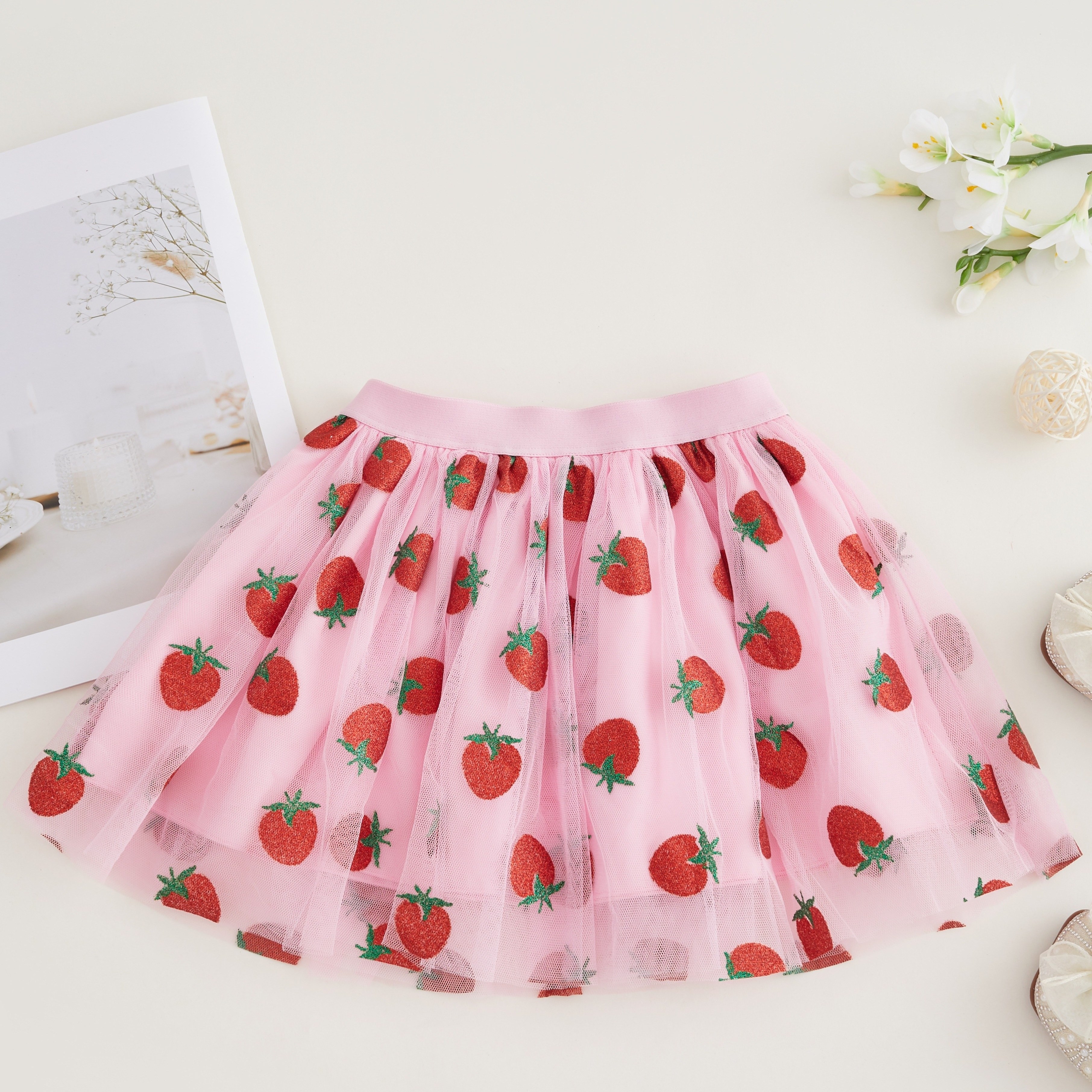 

Girls' Pink Tulle Tutu Skirt With Strawberry Embellishments, Cute Puffy Princess Birthday Skirt, Breathable Mesh Fabric, Elastic Waistband