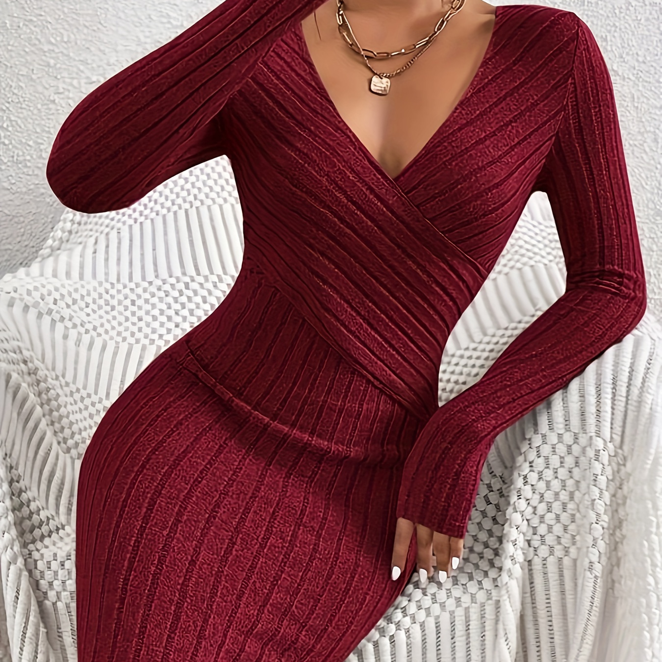 

Ribbed Knit Long Sleeve Dress, Elegant Surplice Neck Bodycon Dress, Women's Clothing