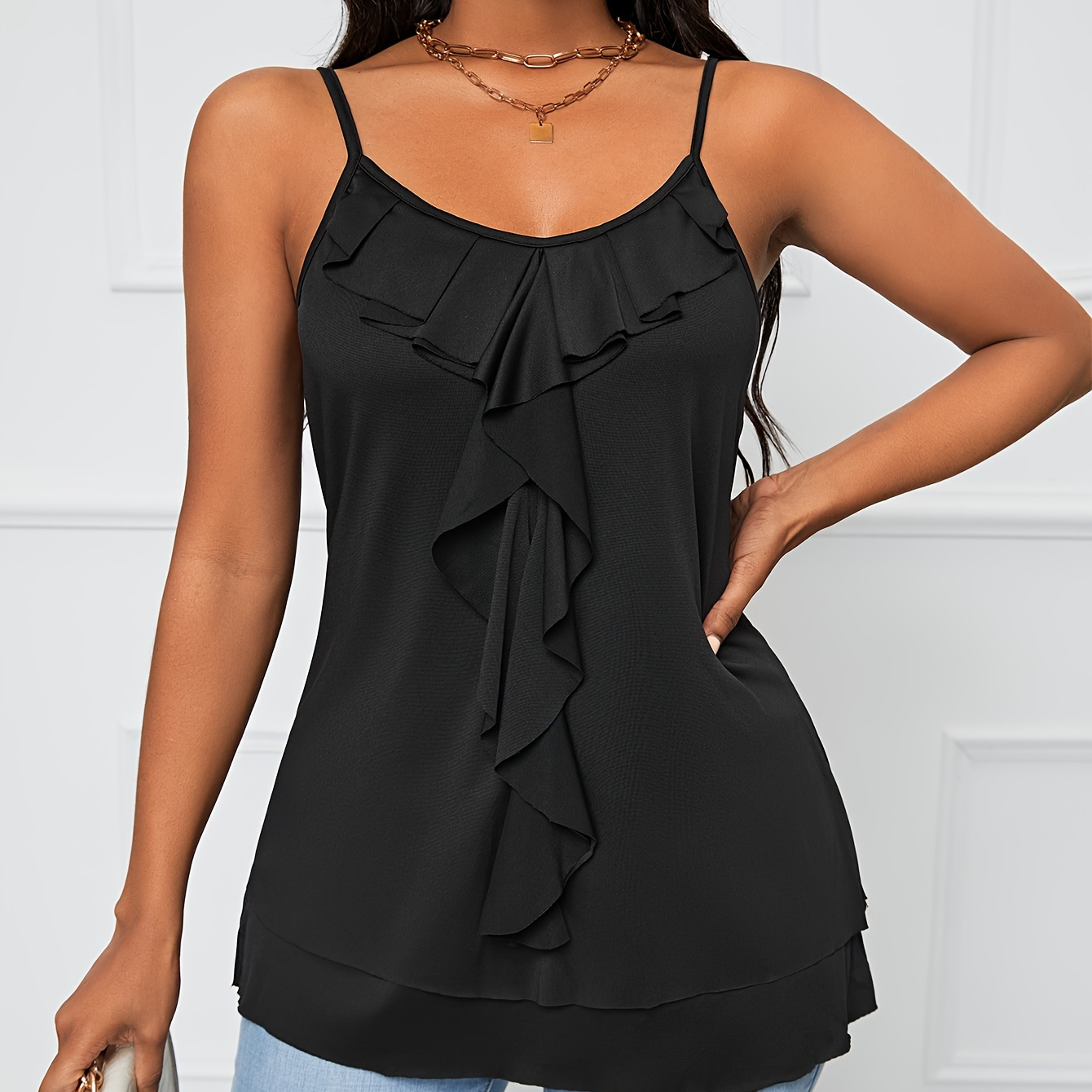 

Solid Layered Ruffle Hem Cami Top, Casual Draped Cami Top For Summer, Women's Clothing