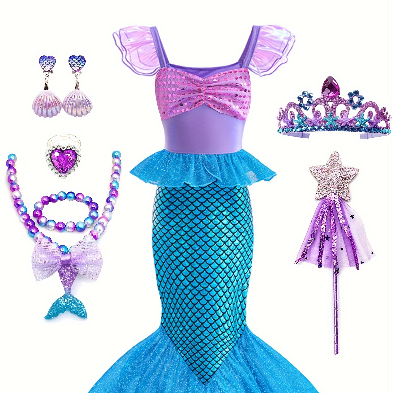 

Sweet Girls Mermaid Princess Cosplay Dress Set For Halloween Birthday Gift Party Performance
