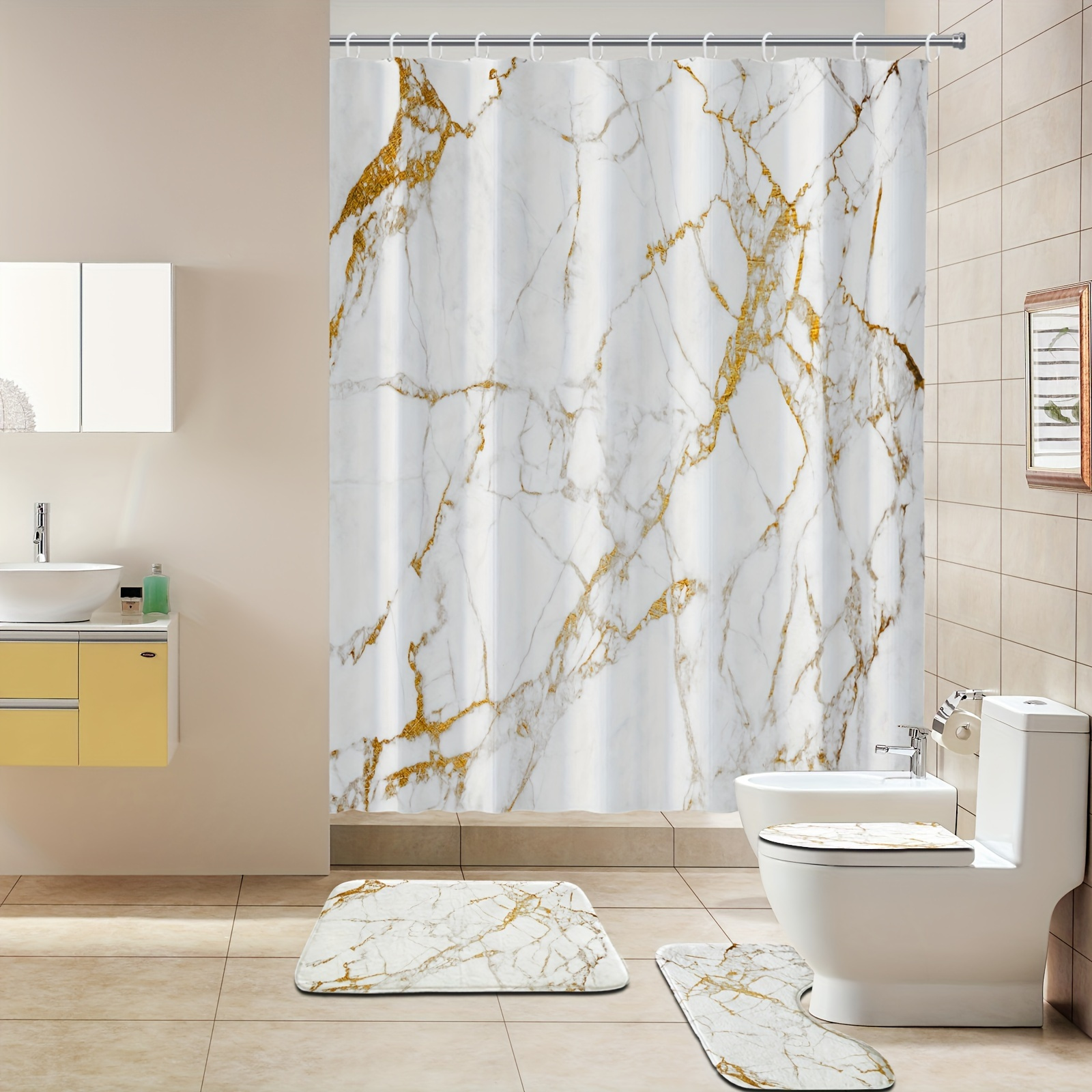 

Luxurious White Marble Textured Bath Set: 71"x71" Shower Curtain, 12 Plastic Hooks, Soft Fabric Bathroom Rug, And Toilet Seat Cover - Modern, Waterproof, And Stylish Bathroom Decor