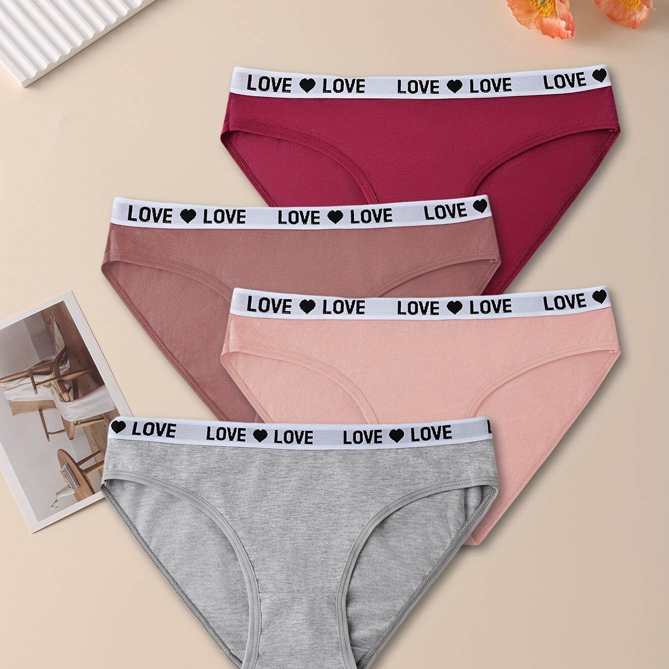 

4pcs Ribbed Letter Print Trim Briefs, Simple Comfy Breathable Intimate Panties, Women's Lingerie & Underwear